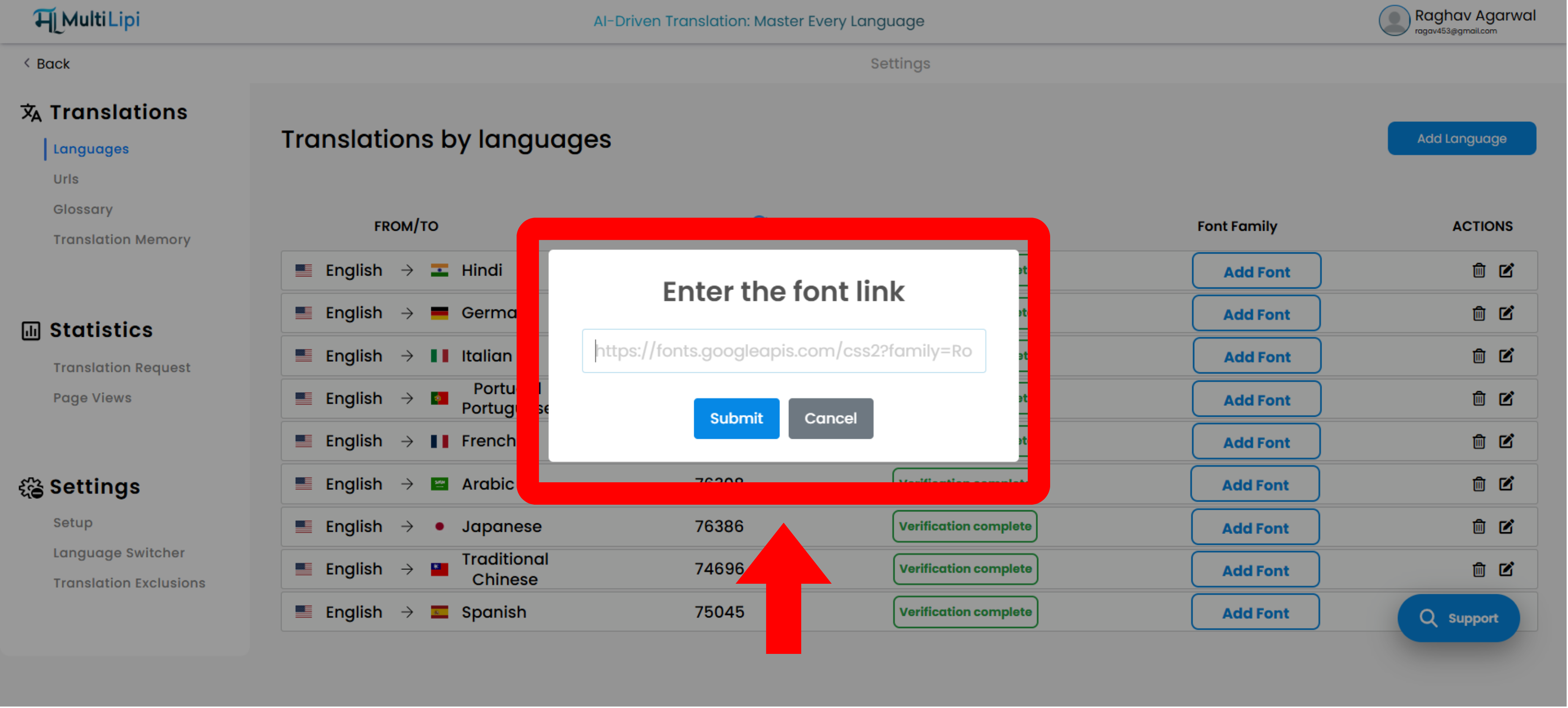 Modal emergente que solicita un enlace de Google Font para aplicar a la traducción del idioma específico