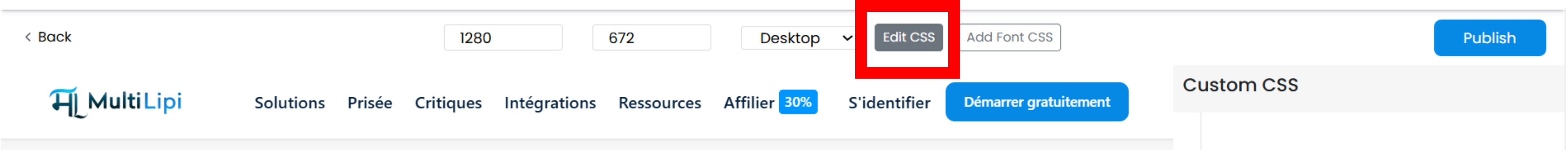 Schaltfläche "CSS bearbeiten", die in der Symbolleiste des visuellen Editors von MultiLipi hervorgehoben ist.