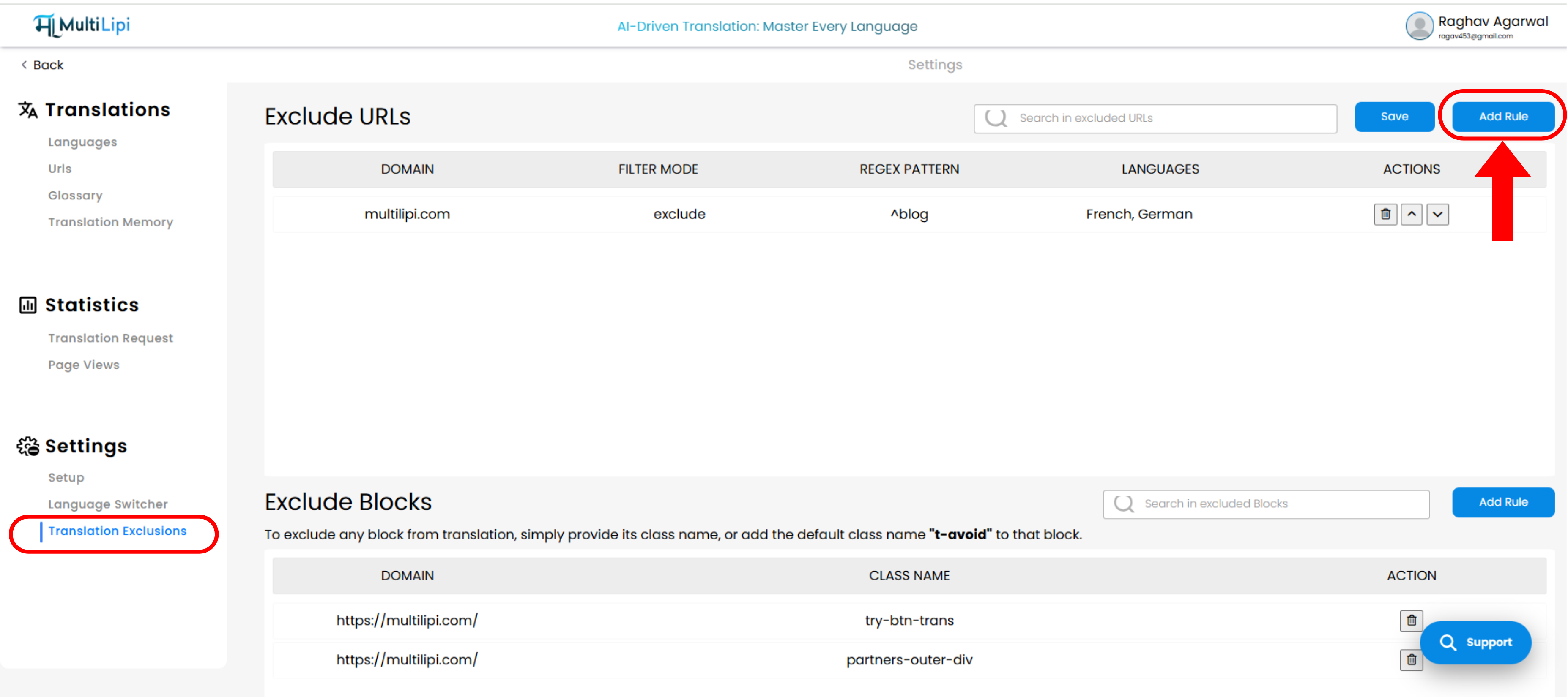 Página de exclusiones de traducción en MultiLipi con opciones de regla