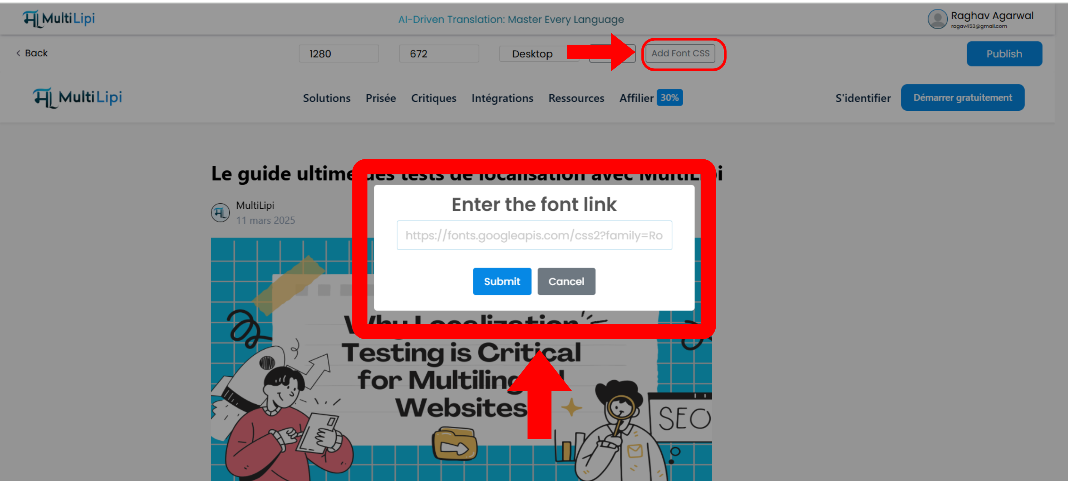 Popup-Fenster im visuellen Editor von MultiLipi, das den Benutzer auffordert, einen Google Fonts CSS-Link einzufügen.