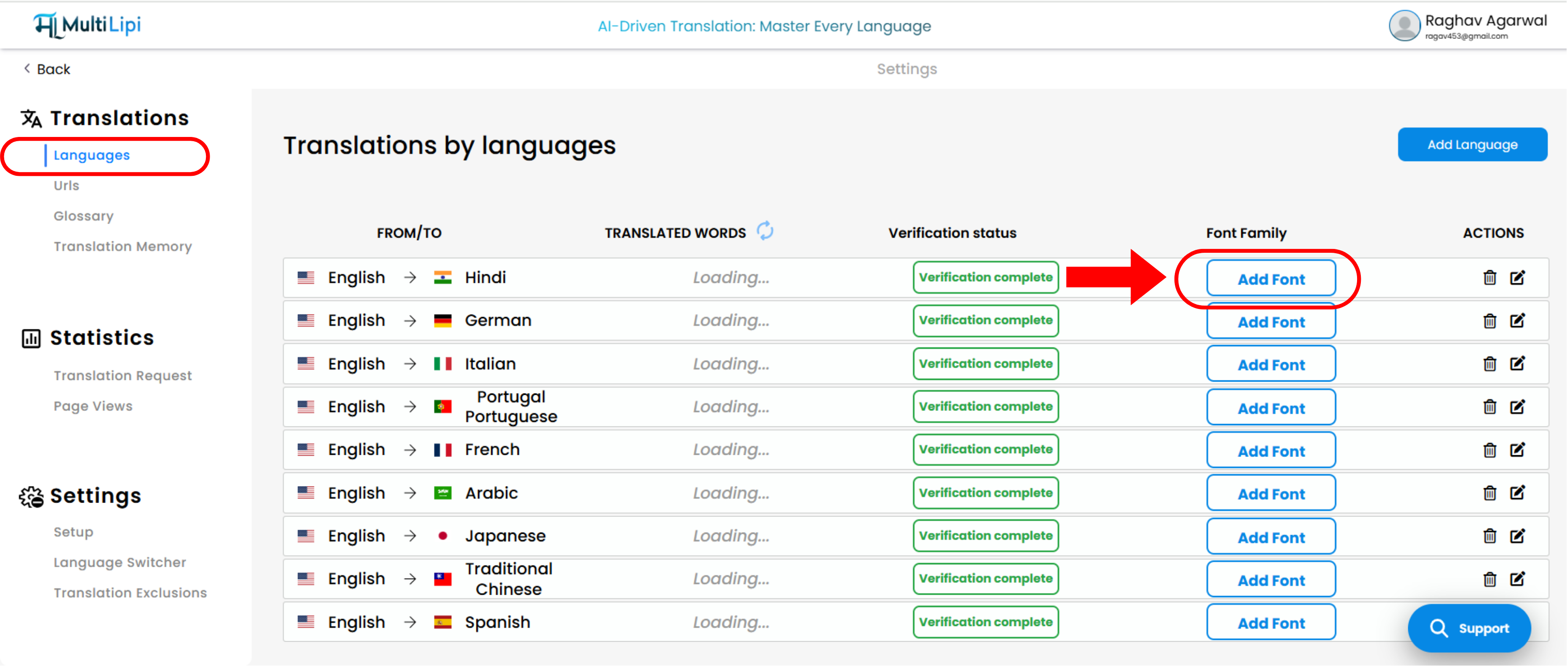  Idiomas Sección "Agregar fuente" seleccionada en Traducciones en el panel de control de MultiLipi