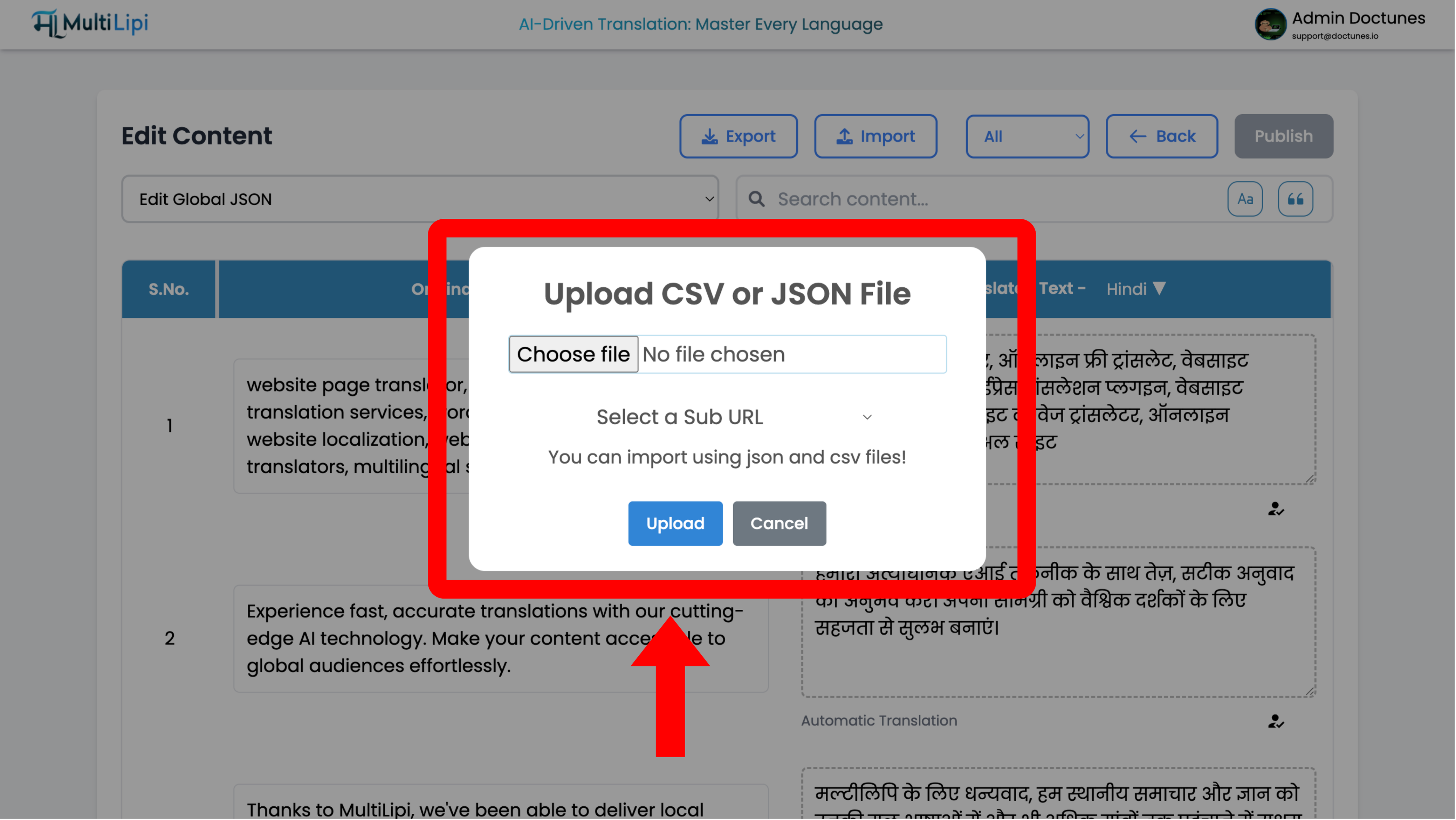 Cuadro de carga para archivos de traducción JSON o CSV