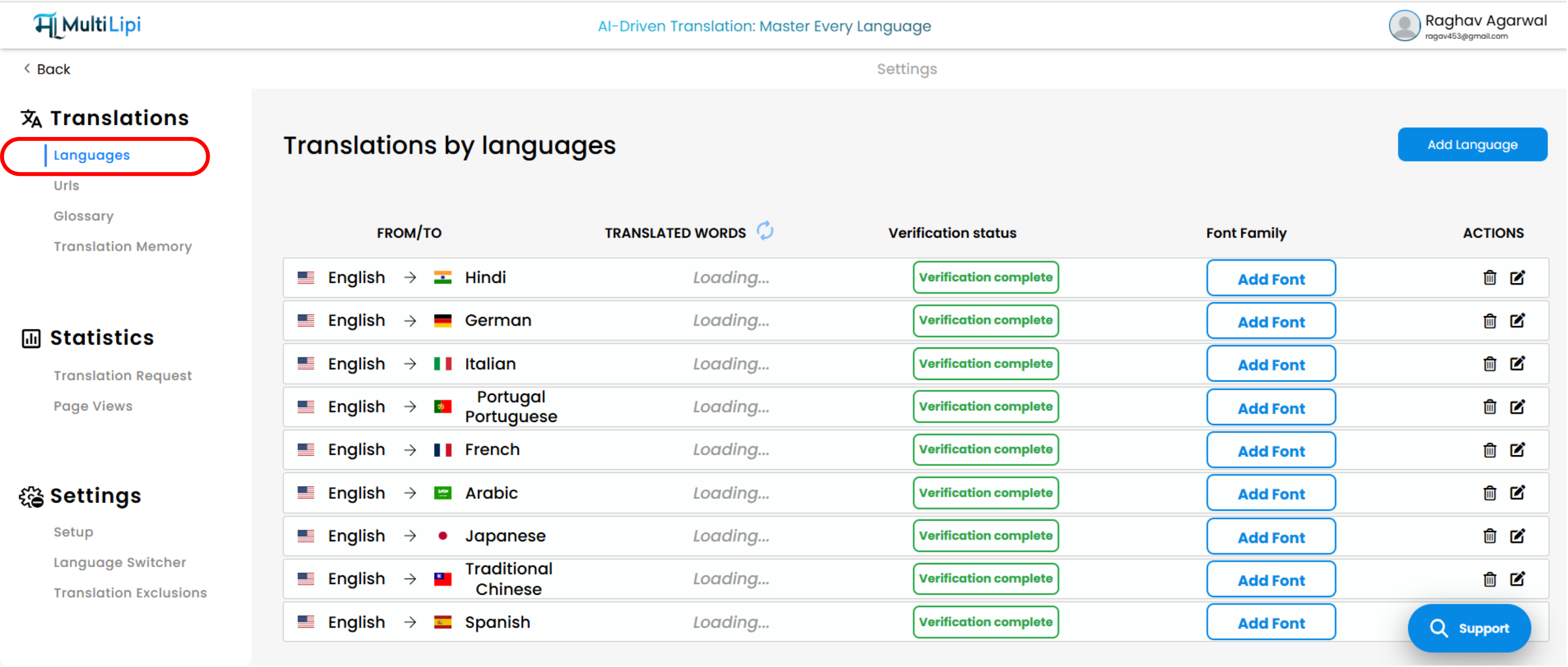 Panel de control de MultiLipi con la pestaña "Idiomas" seleccionada en Traducciones