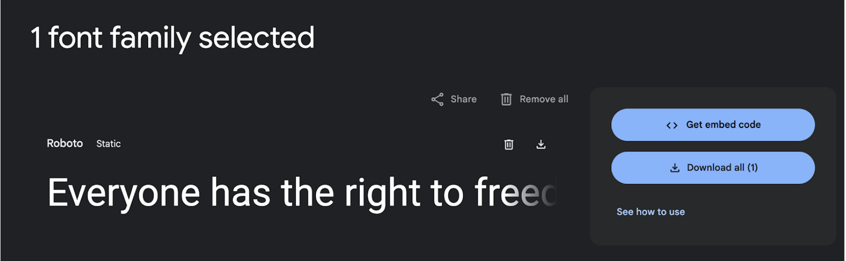 Sitio web de Google Fonts que muestra cómo obtener un código fuente para el sitio web 
