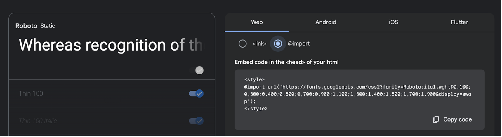 Sitio web de Google Fonts que muestra un enlace de inserción copiable para usar en sitios web traducidos