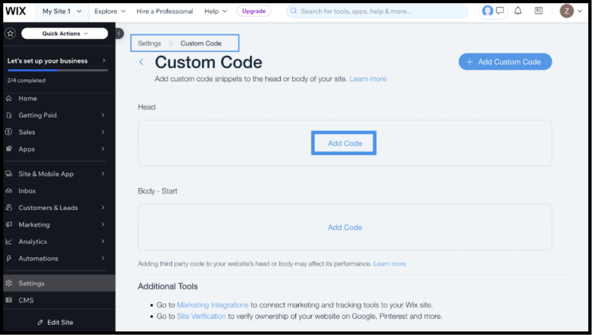 Página de configuración de Wix Custom Code con la opción Agregar código en la sección Encabezado