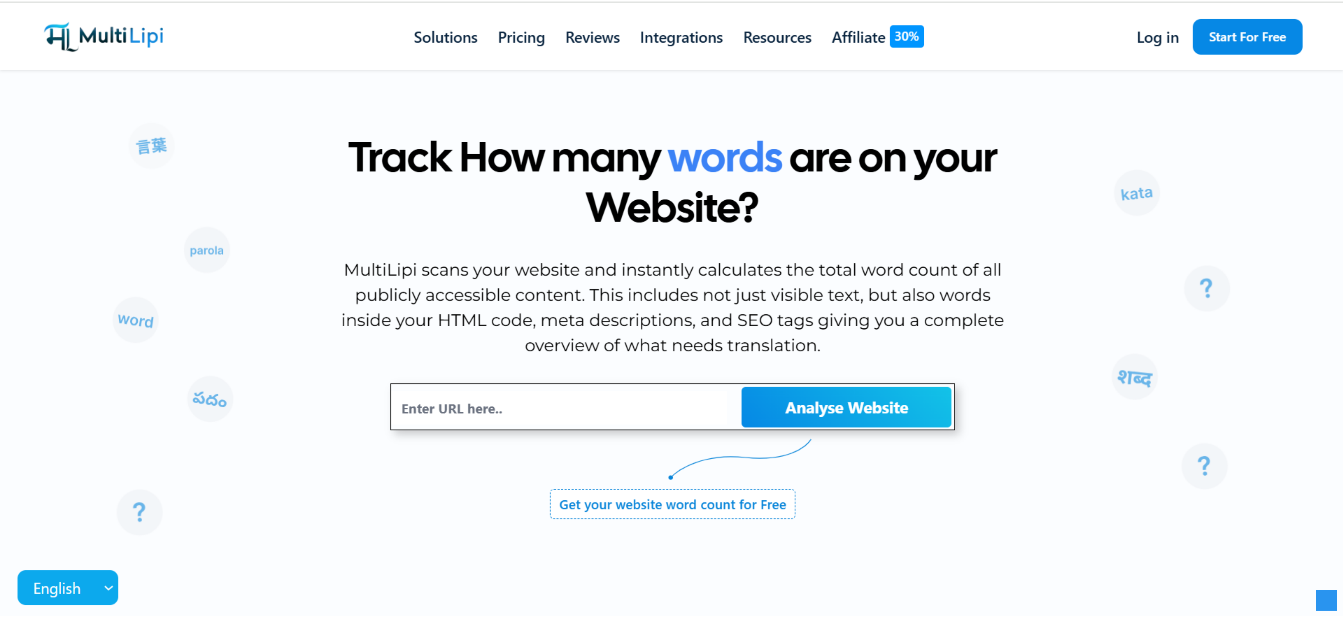 Herramienta gratuita de recuento de palabras de MultiLipi con función "Analizar sitio web" para calcular el número total de palabras en un sitio, incluidas etiquetas de texto, HTML y SEO