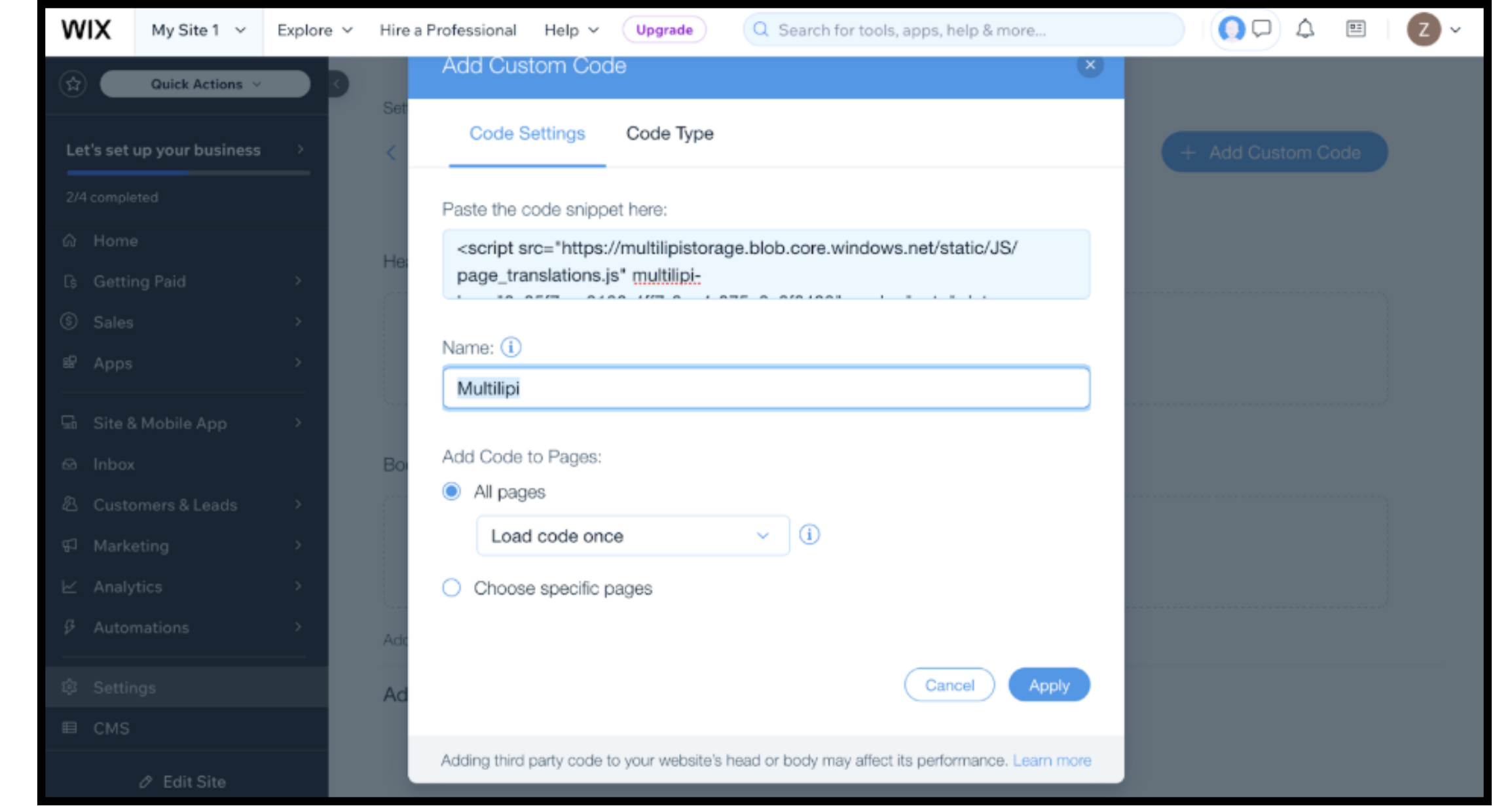 Ventana emergente Wix Add Custom Code con script de traducción MultiLipi y campos de configuración