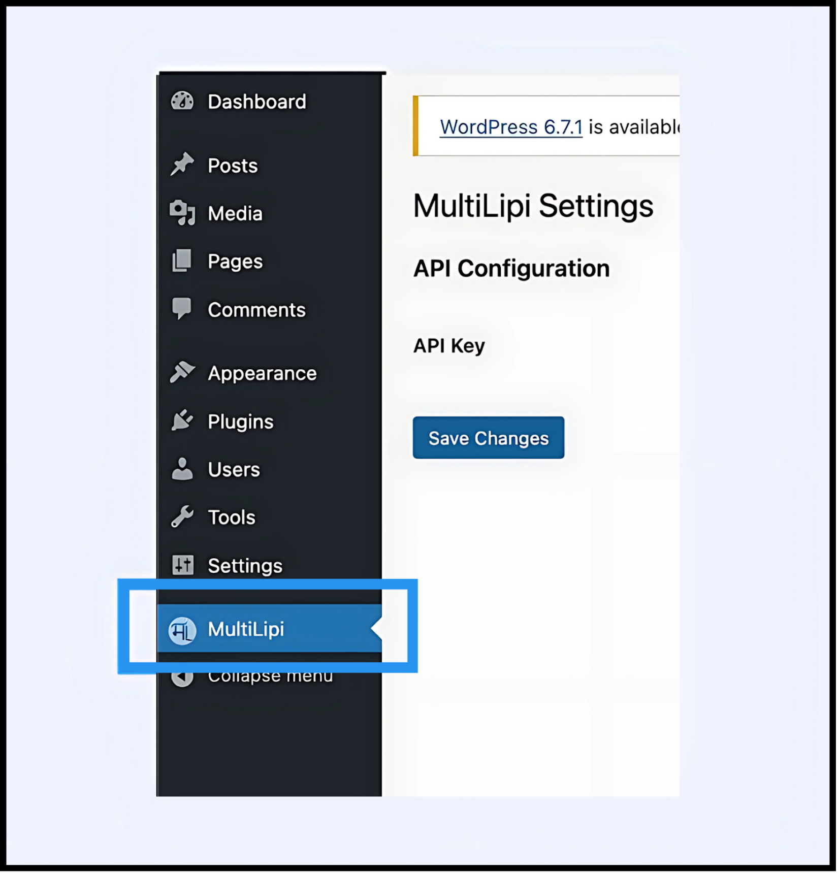 Captura de pantalla del plugin MultiLipi Translate instalado en el menú de configuración de WordPress
