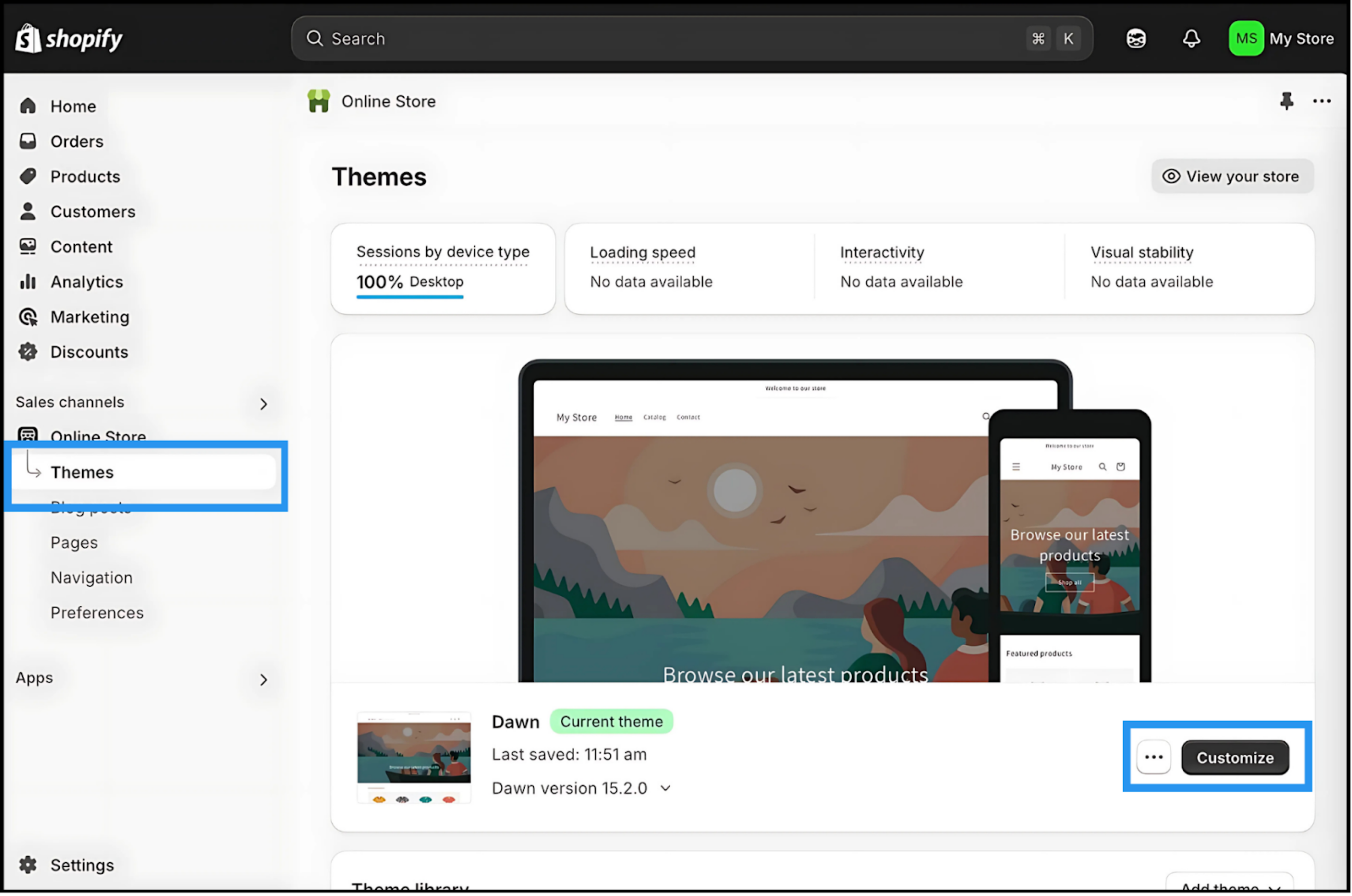 Panel de administración de Shopify que muestra la sección Temas > tienda en línea con el botón Personalizar