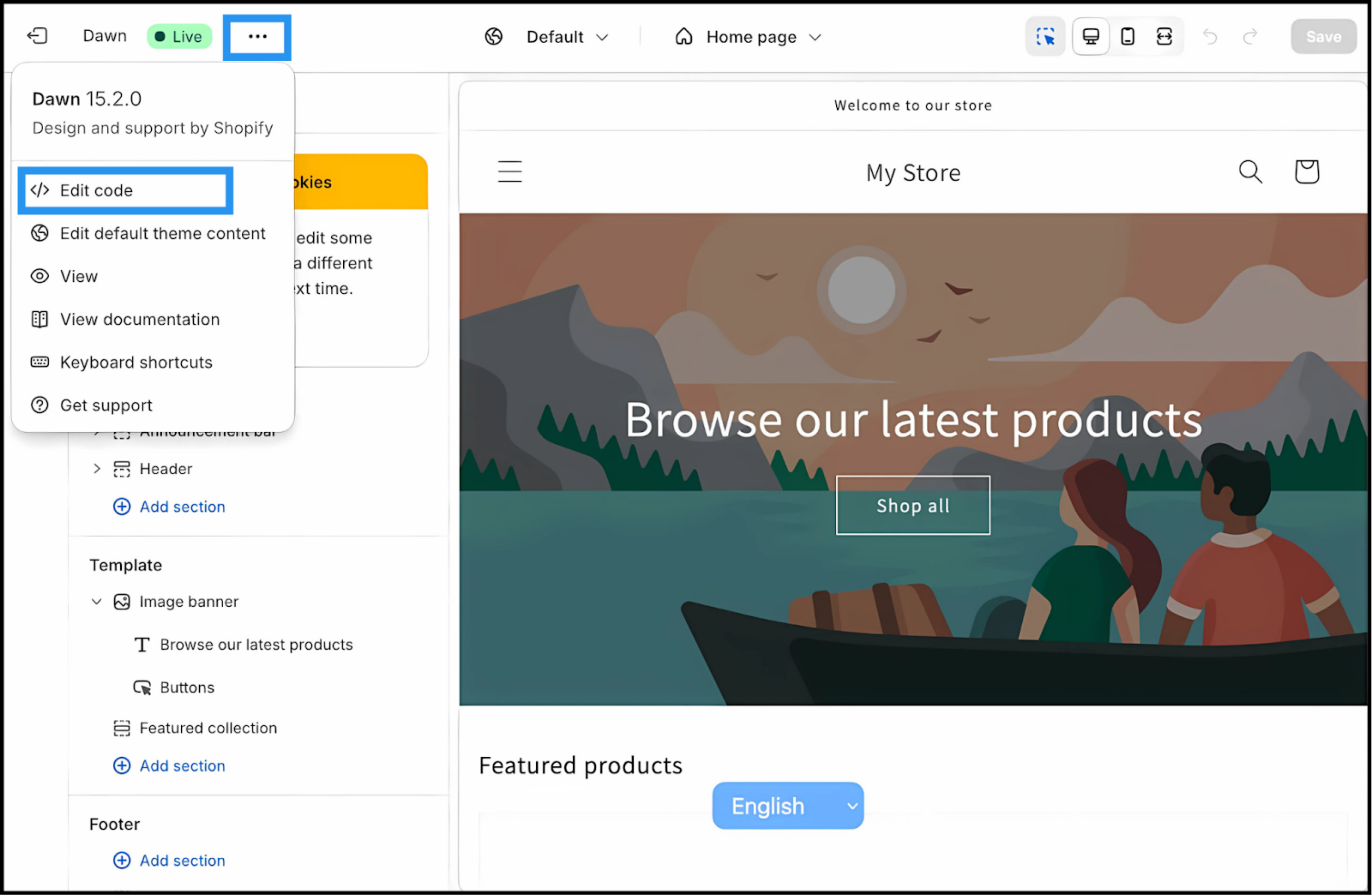 Editor de temas de Shopify que muestra la opción Editar código para acceder a theme.liquid