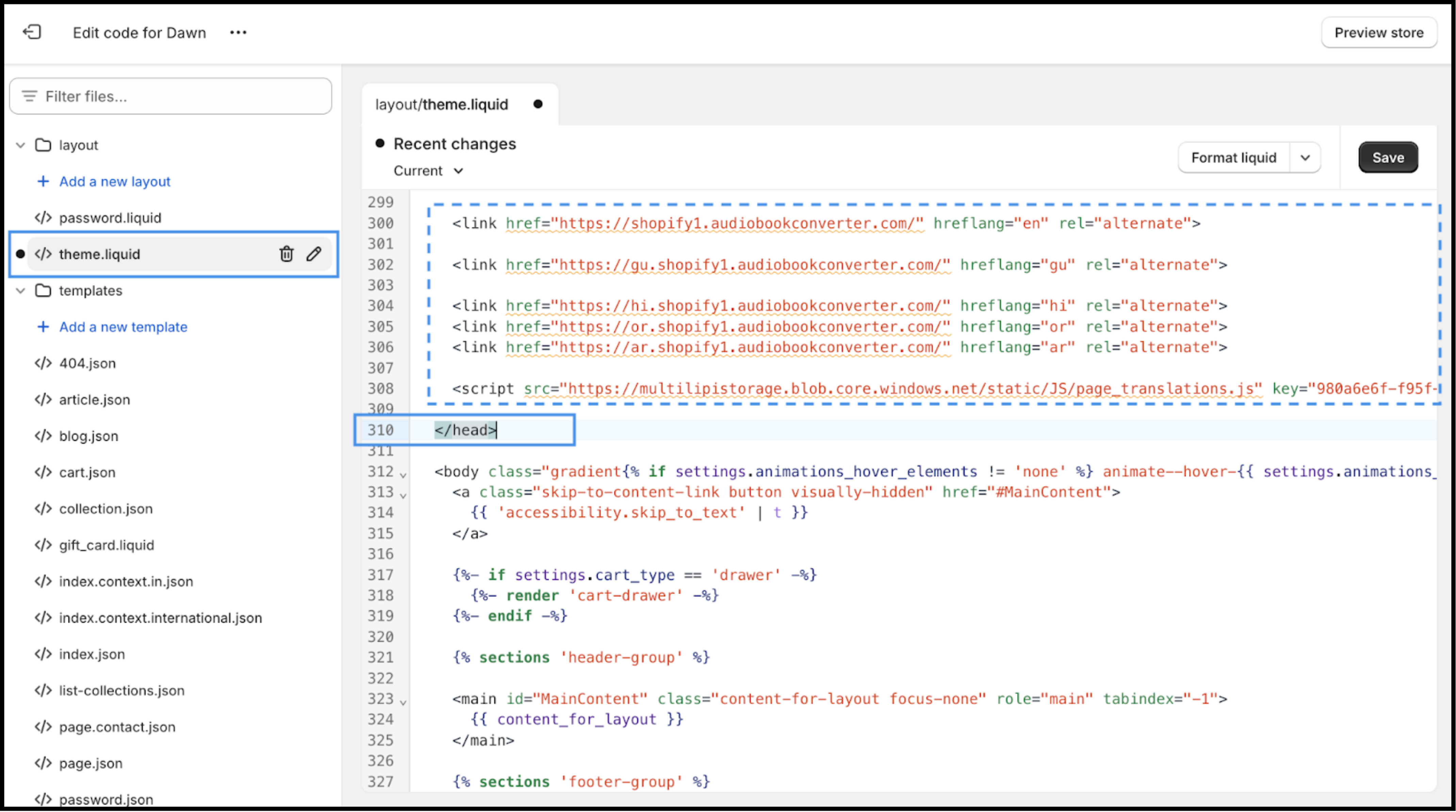 Vista del editor de código en Shopify con el script MultiLipi insertado sobre la etiqueta de cierre de la cabeza