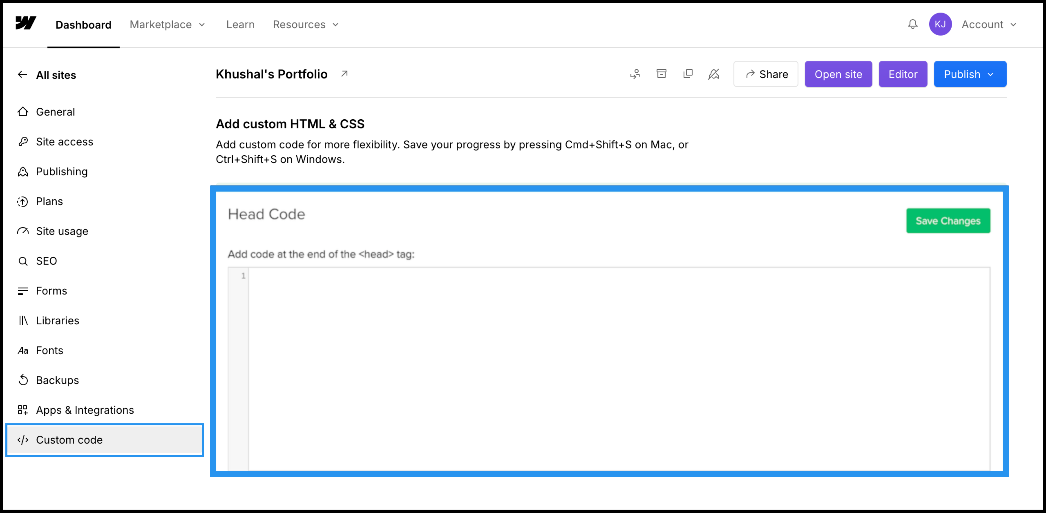  Editor de código personalizado de Webflow que muestra el script MultiLipi que se agrega en la sección de encabezado