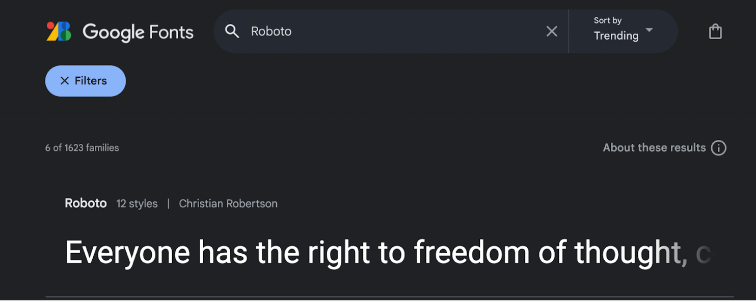 Sitio web de Google Fonts que muestra fuentes