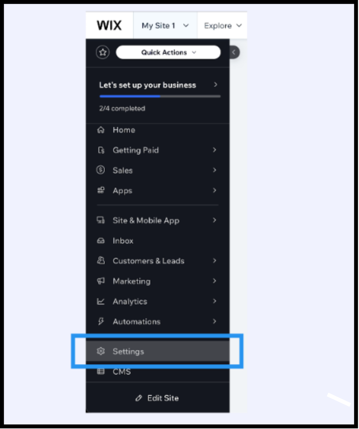 Panel de control de Wix que muestra el menú Configuración para la integración de MultiLipi