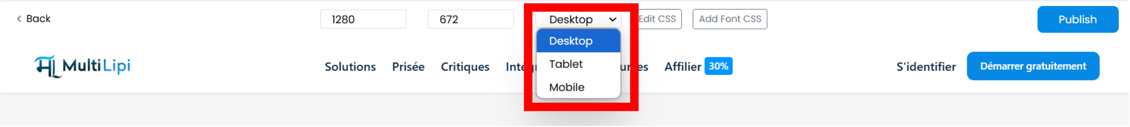 Dropdown-Menü im visuellen Editor mit Optionen zur Geräteauswahl: Desktop, Tablet und Mobile.