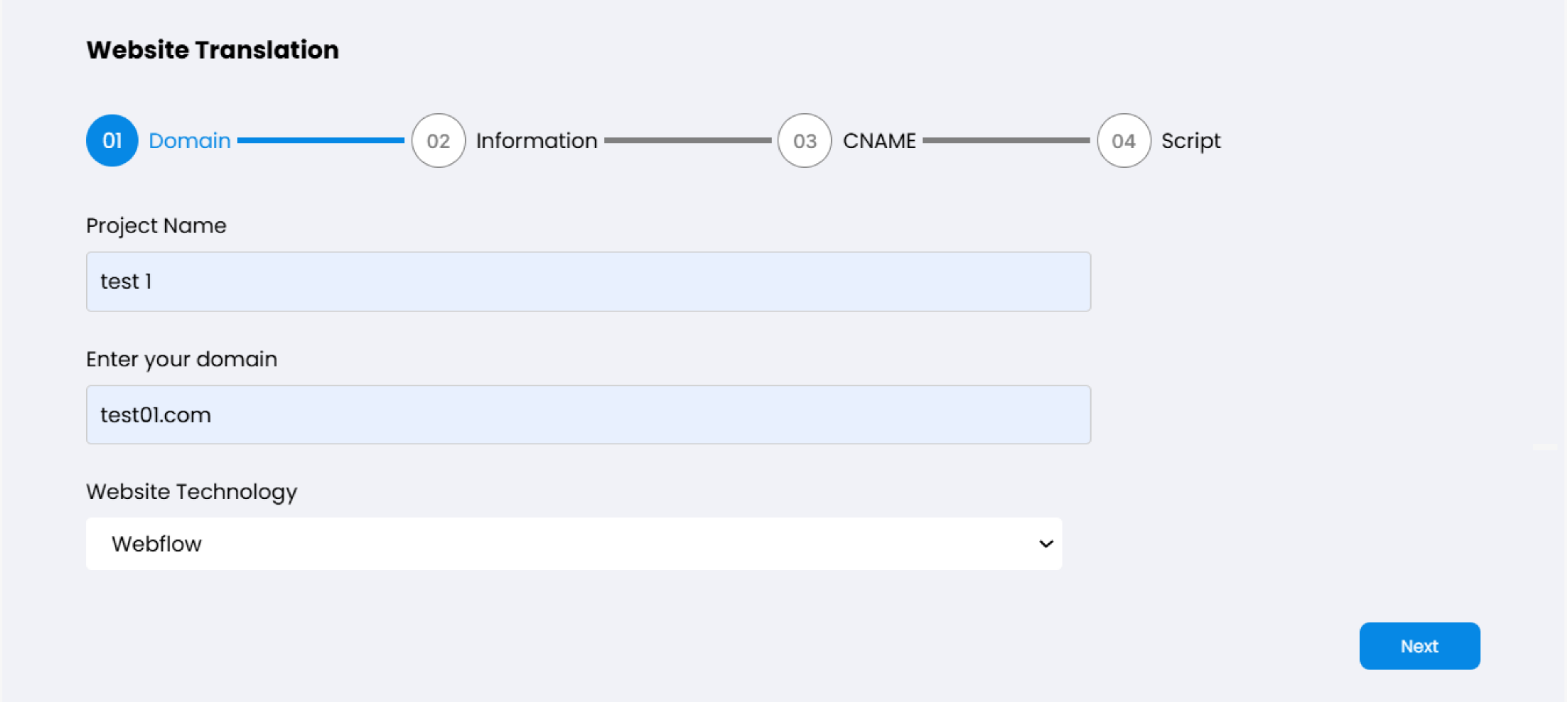 Formulario de proyecto de sitio web con selector de dominio, nombre y tecnología en MultiLipi