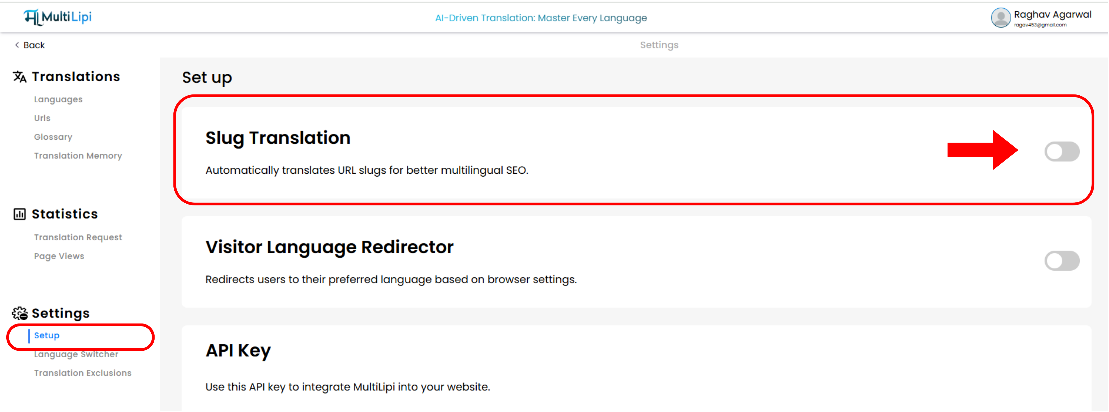 Menú de configuración de slug seleccionado en la configuración del proyecto MultiLipi