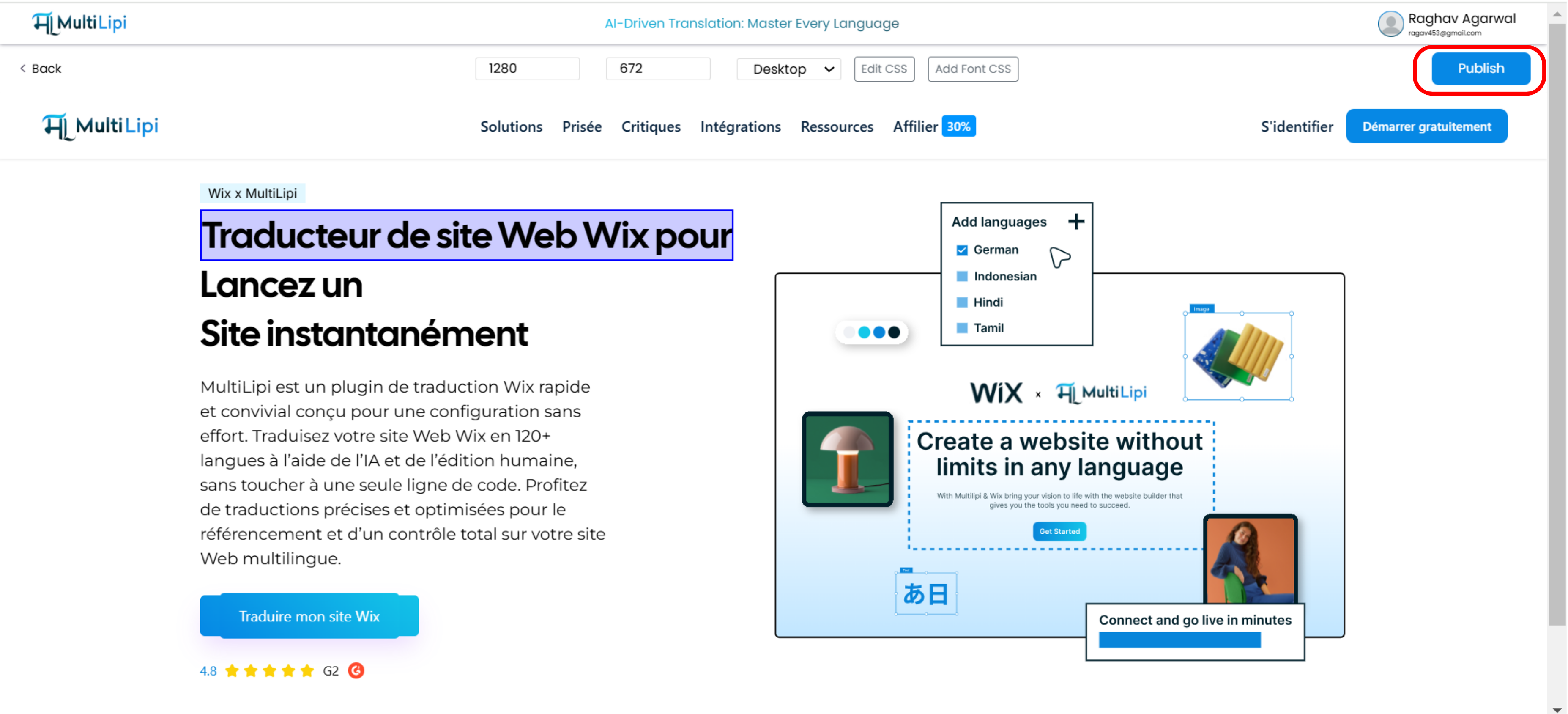 Visueller Editor mit Symbolleiste mit der Schaltfläche "Veröffentlichen" auf der rechten Seite und aktiver Bearbeitung eines übersetzten Blog-Beitrags.