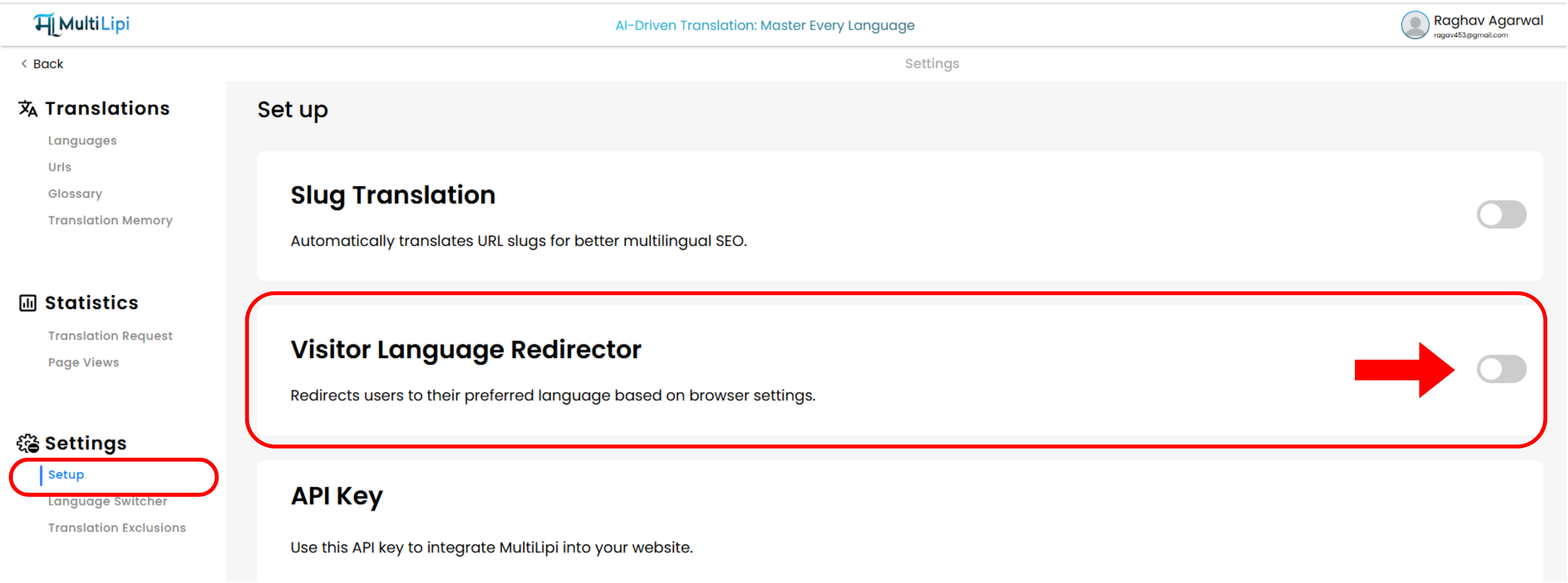 Panel de configuración de MultiLipi con el botón 'Redirector de idioma del visitante' resaltado