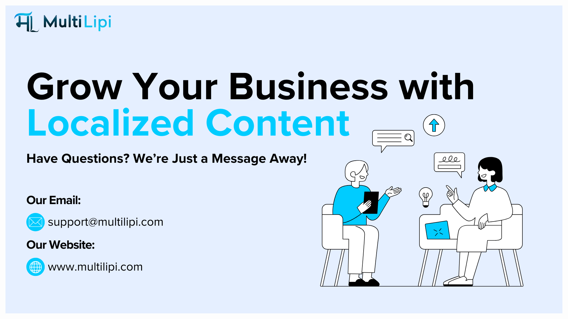 MultiLipi contact banner encouraging businesses to grow with localized content, featuring email and website support details