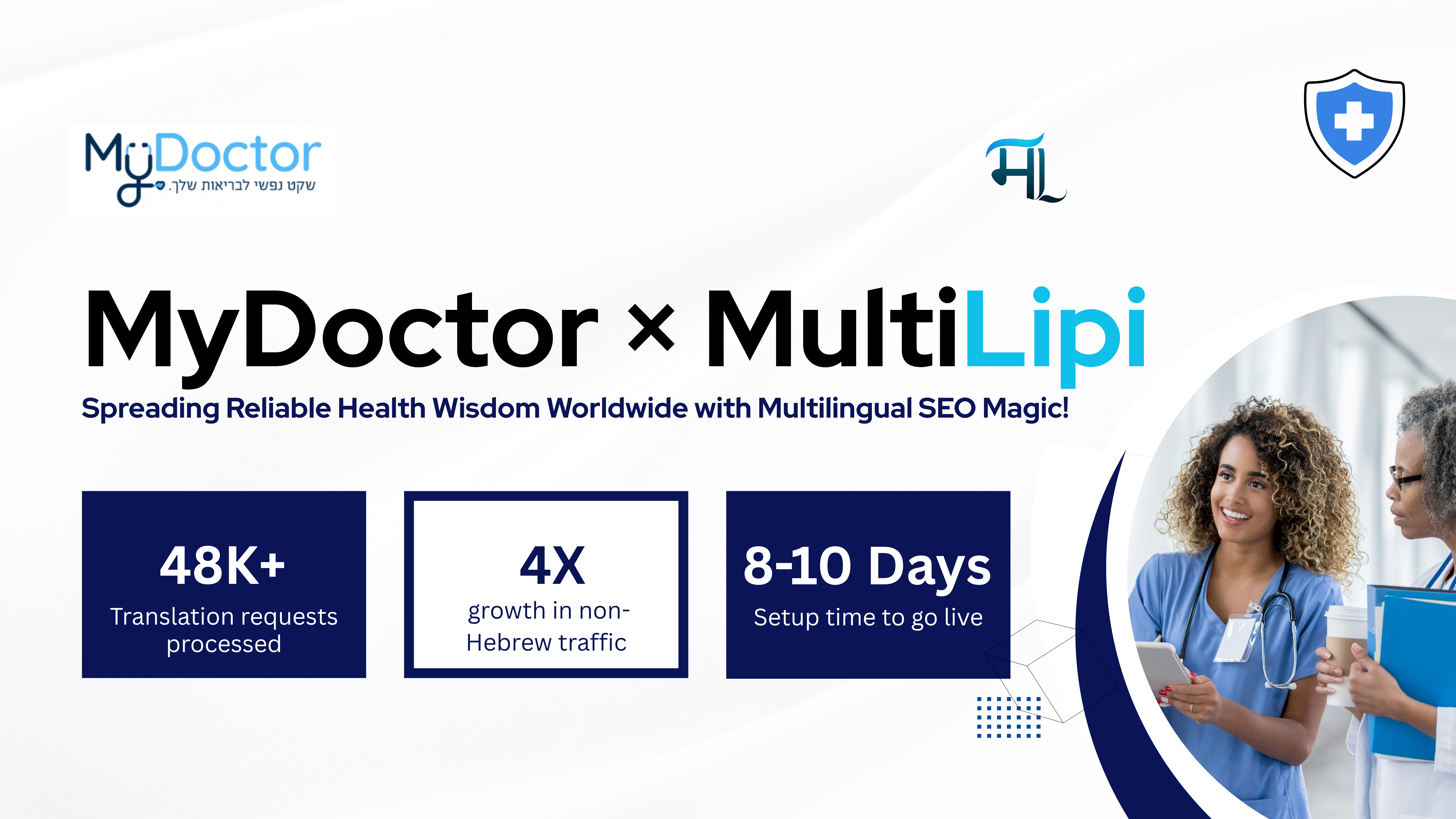 MyDoctor multilingual SEO case study cover with global reach illustration