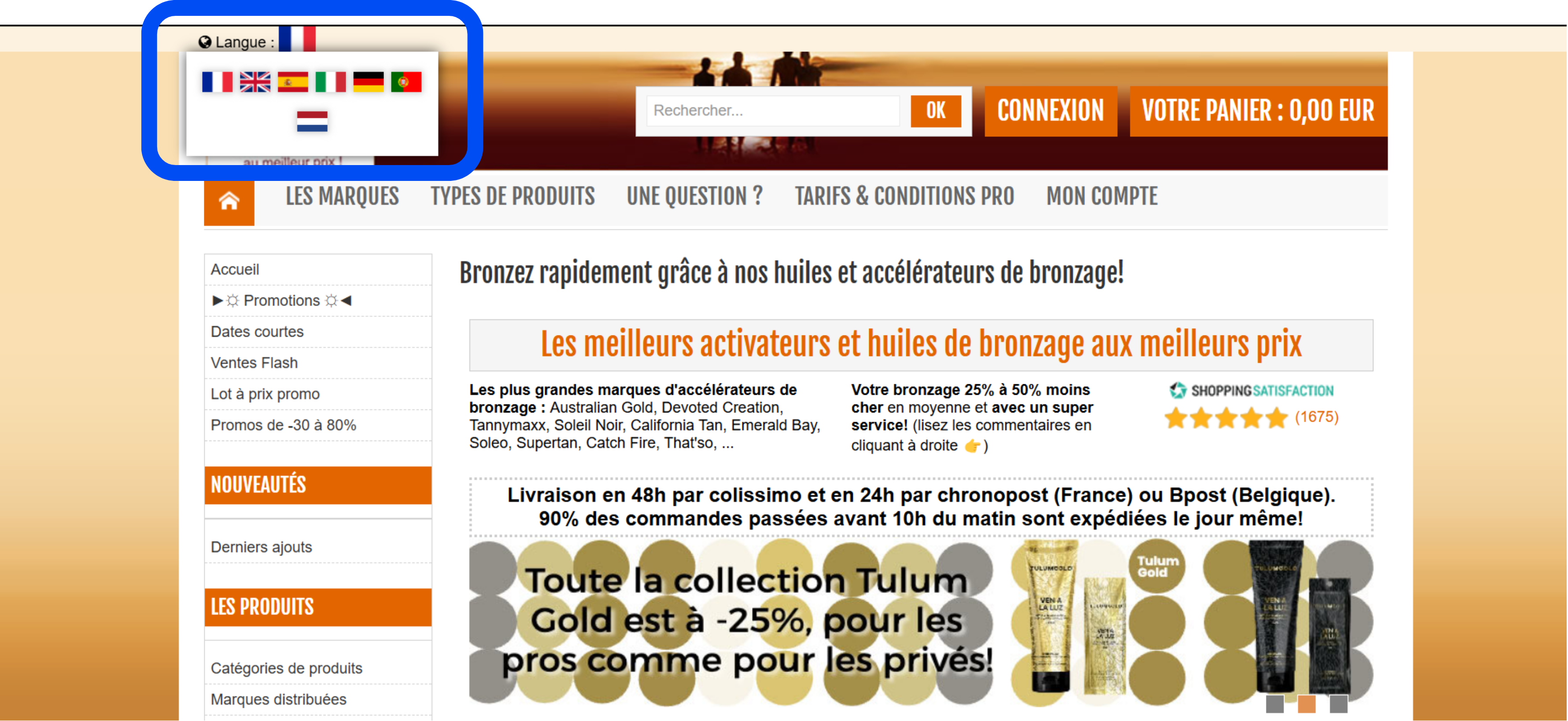 MultiLipi website language switcher toggle on cream de bronzage website