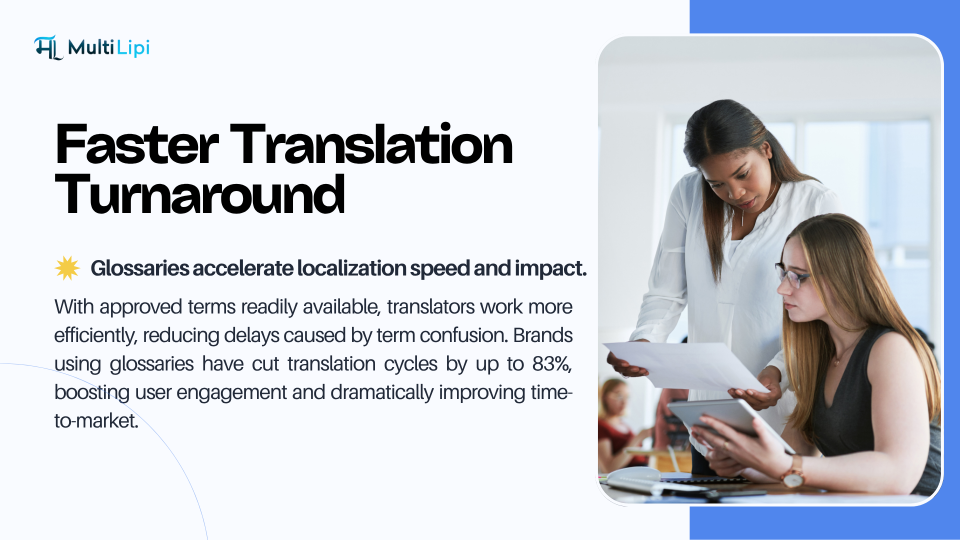 Team collaborating on multilingual content, highlighting glossary use for faster translation delivery