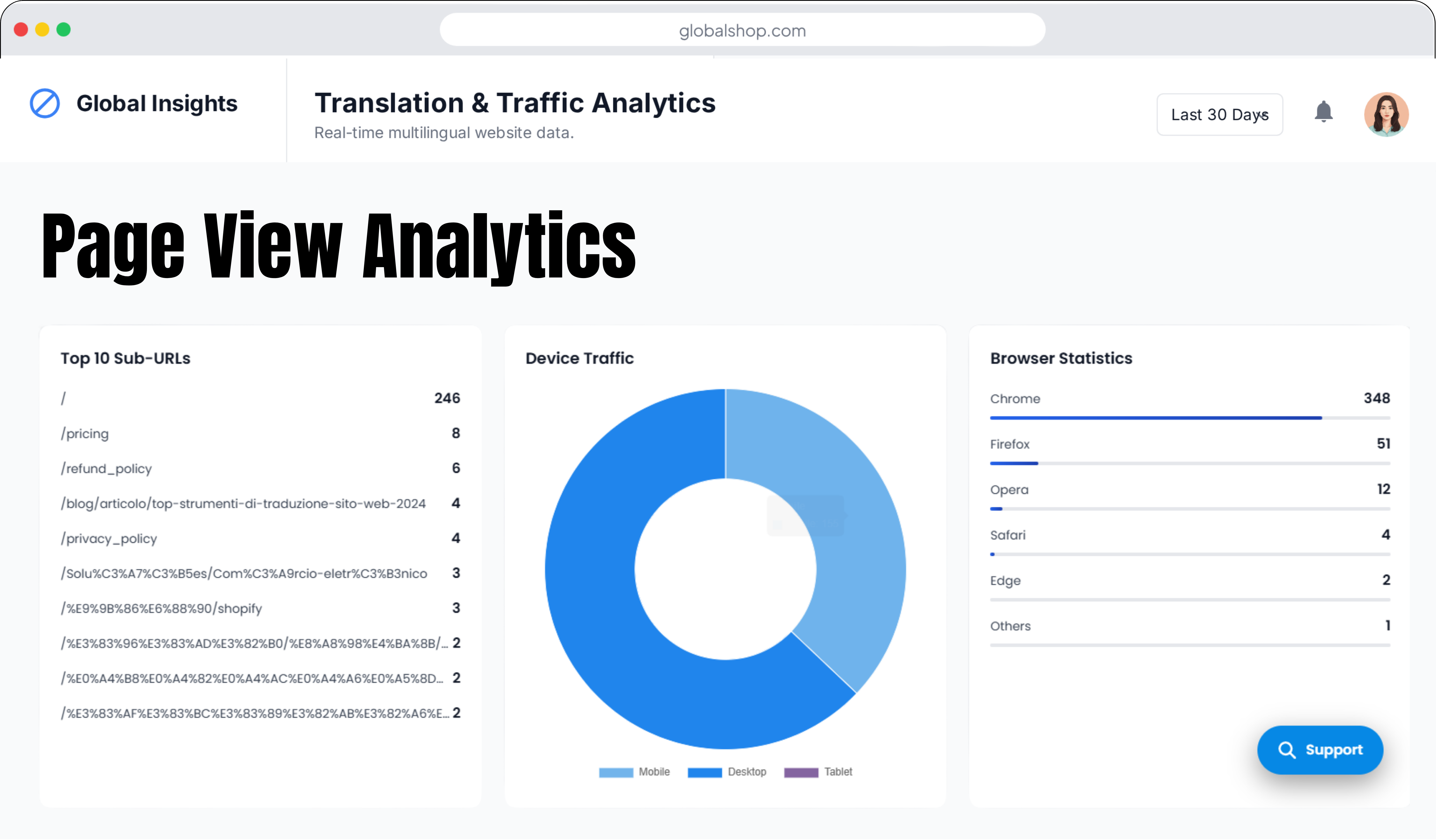 MultiLipi 2.0 multilingual page view analytics by language, type, and source