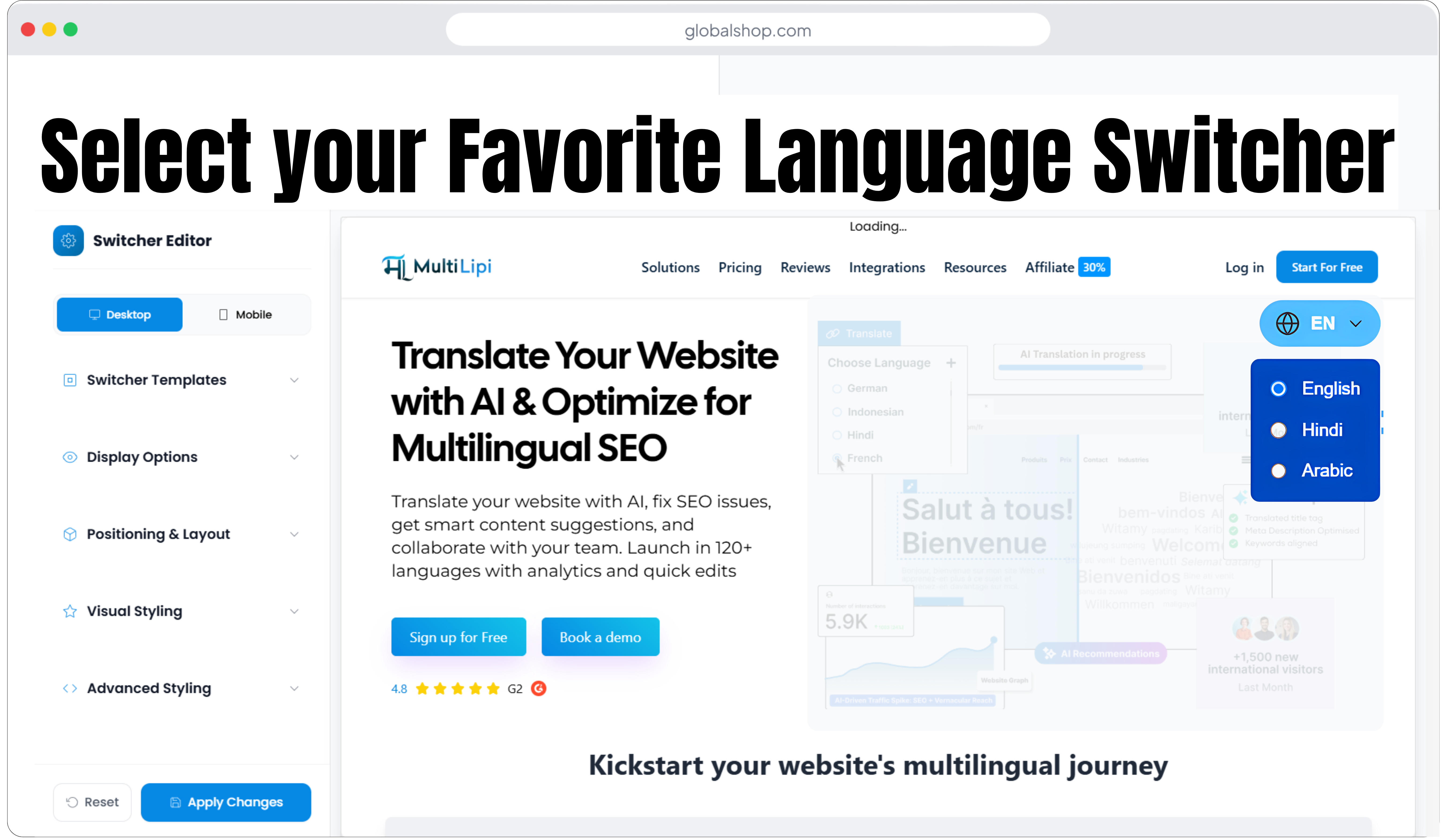 MultiLipi 2.0 customizable language switcher with 15+ design styles and color settings