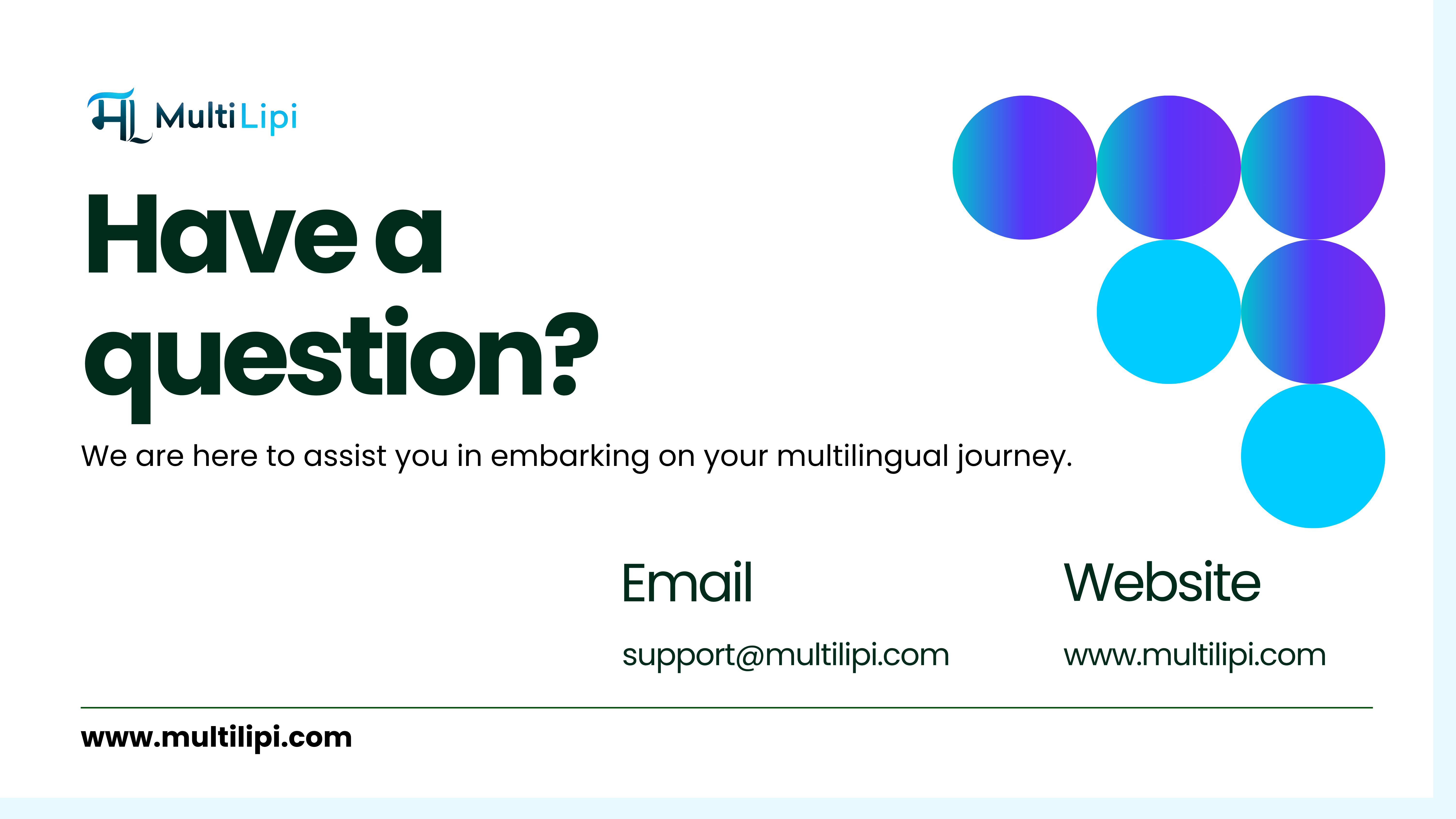 Multilingual SEO support contact card from MultiLipi showing email and website for customer assistance