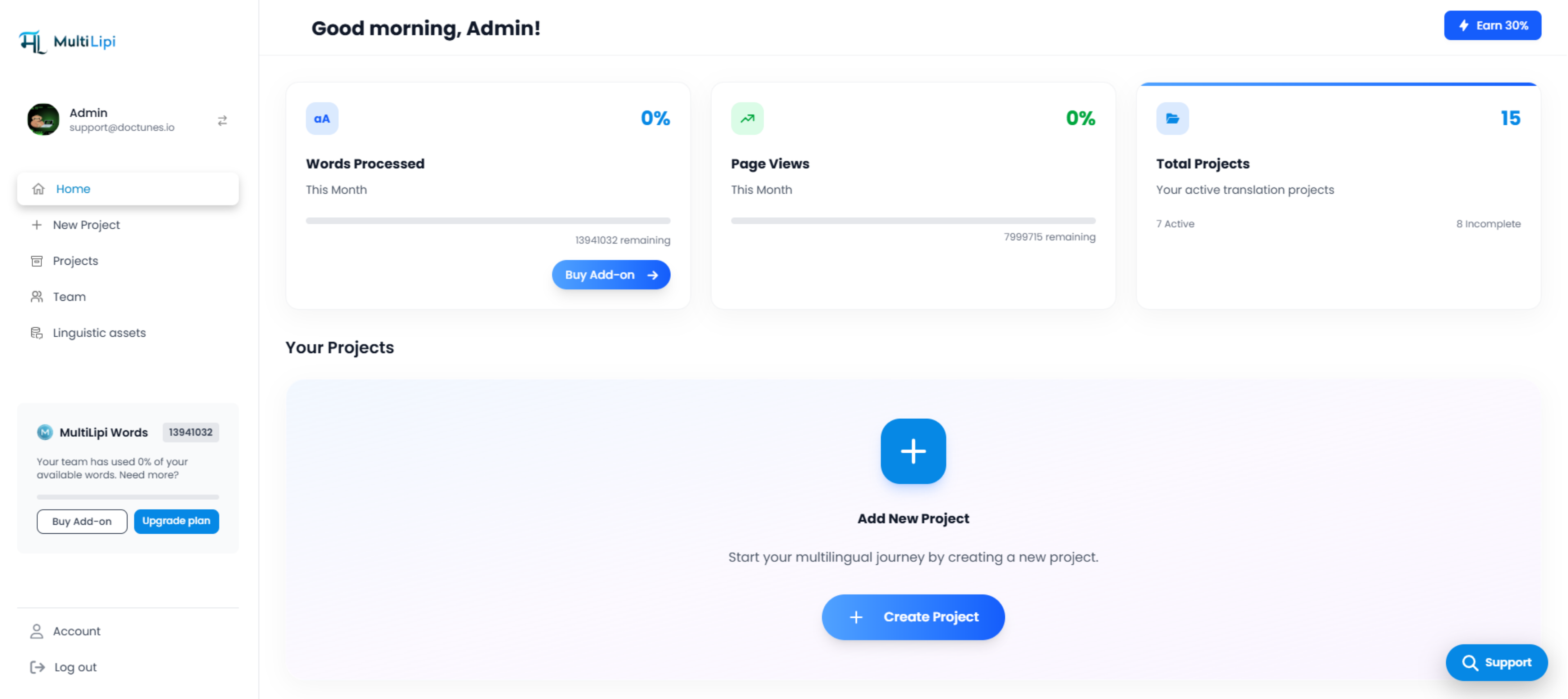 MultiLipi-Dashboard mit Einrichtungsassistent für Website-Übersetzung