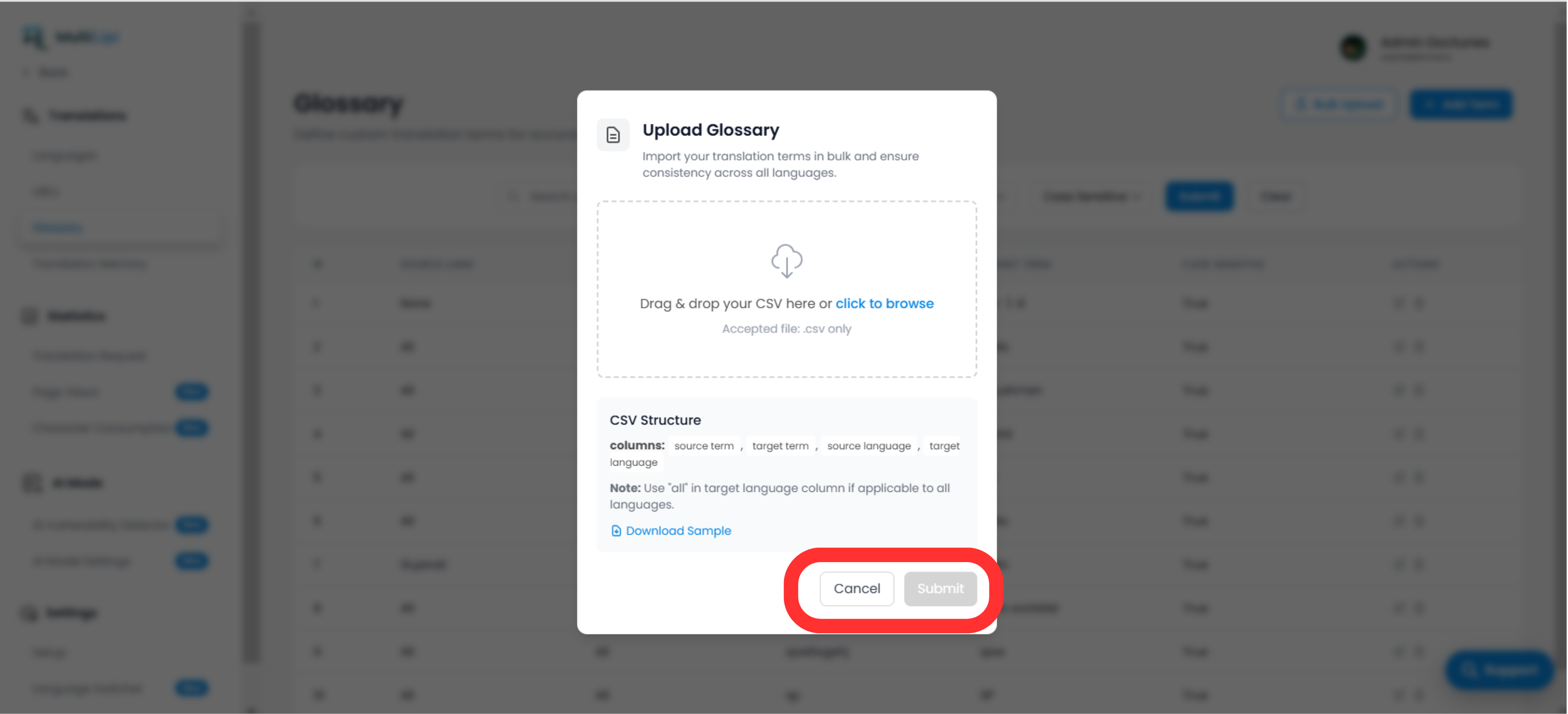نافذة منبثقة لتحميل مسرد CSV في واجهة MultiLipi
