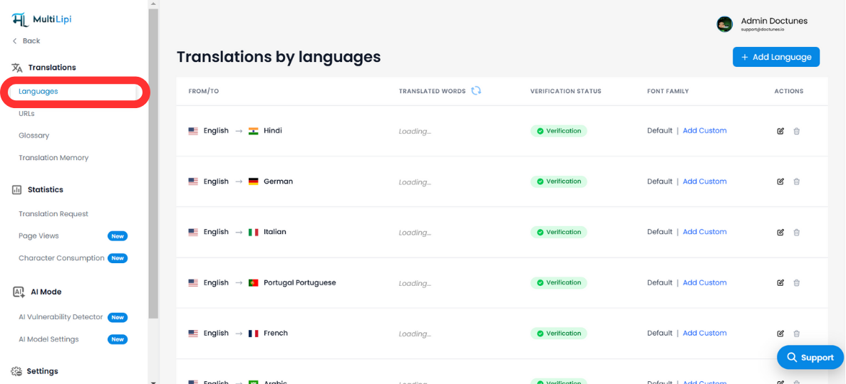 翻訳で「言語」タブが選択されているMultiLipiダッシュボード