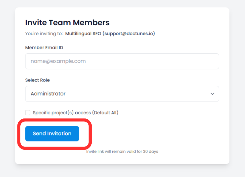 Fill email, select role, and invite