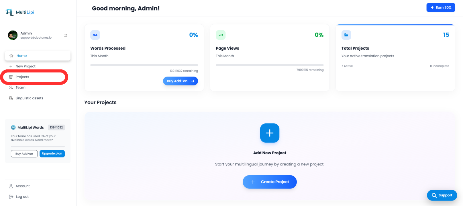 MultiLipi dashboard homepage with Website translation Services panel