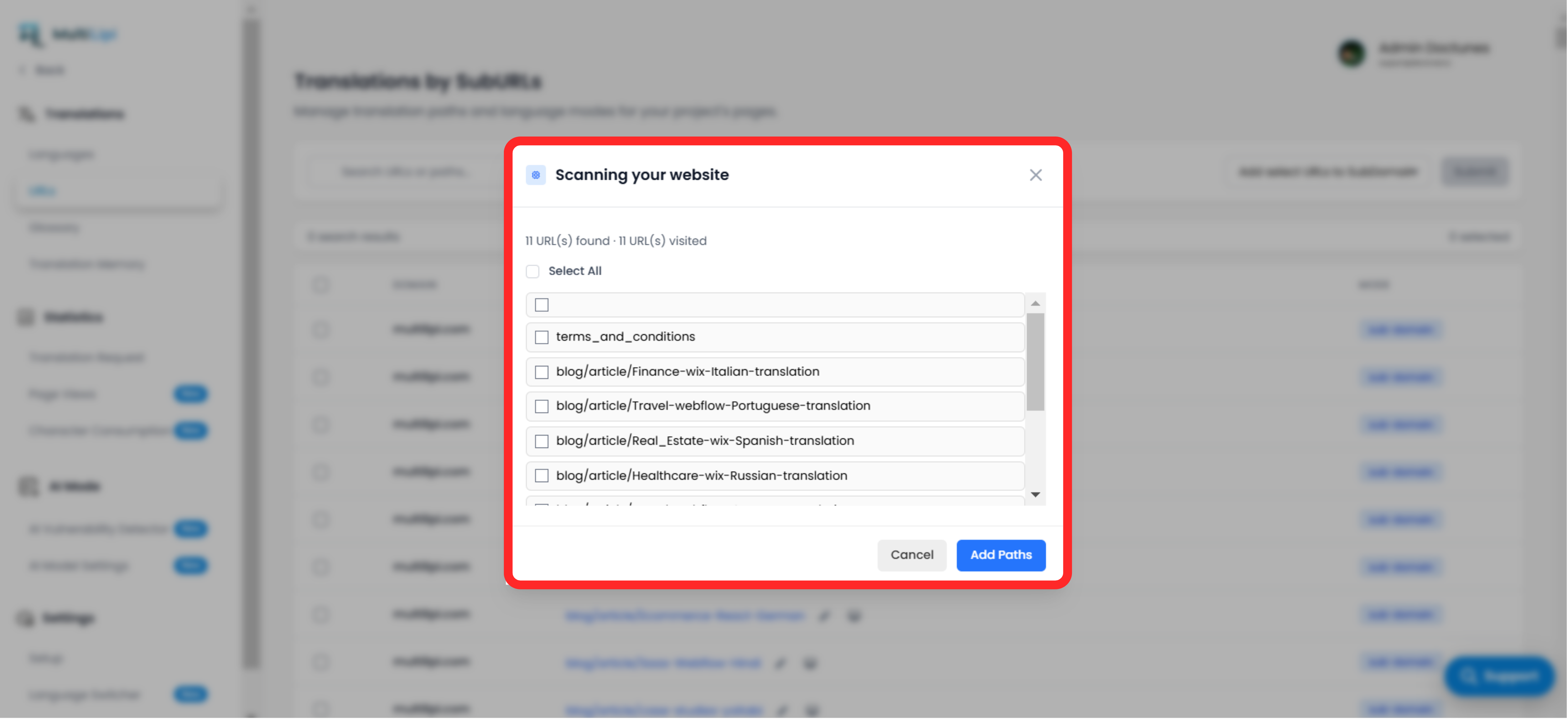 “Scanning your website” modal where all missing translation paths are displayed with checkboxes