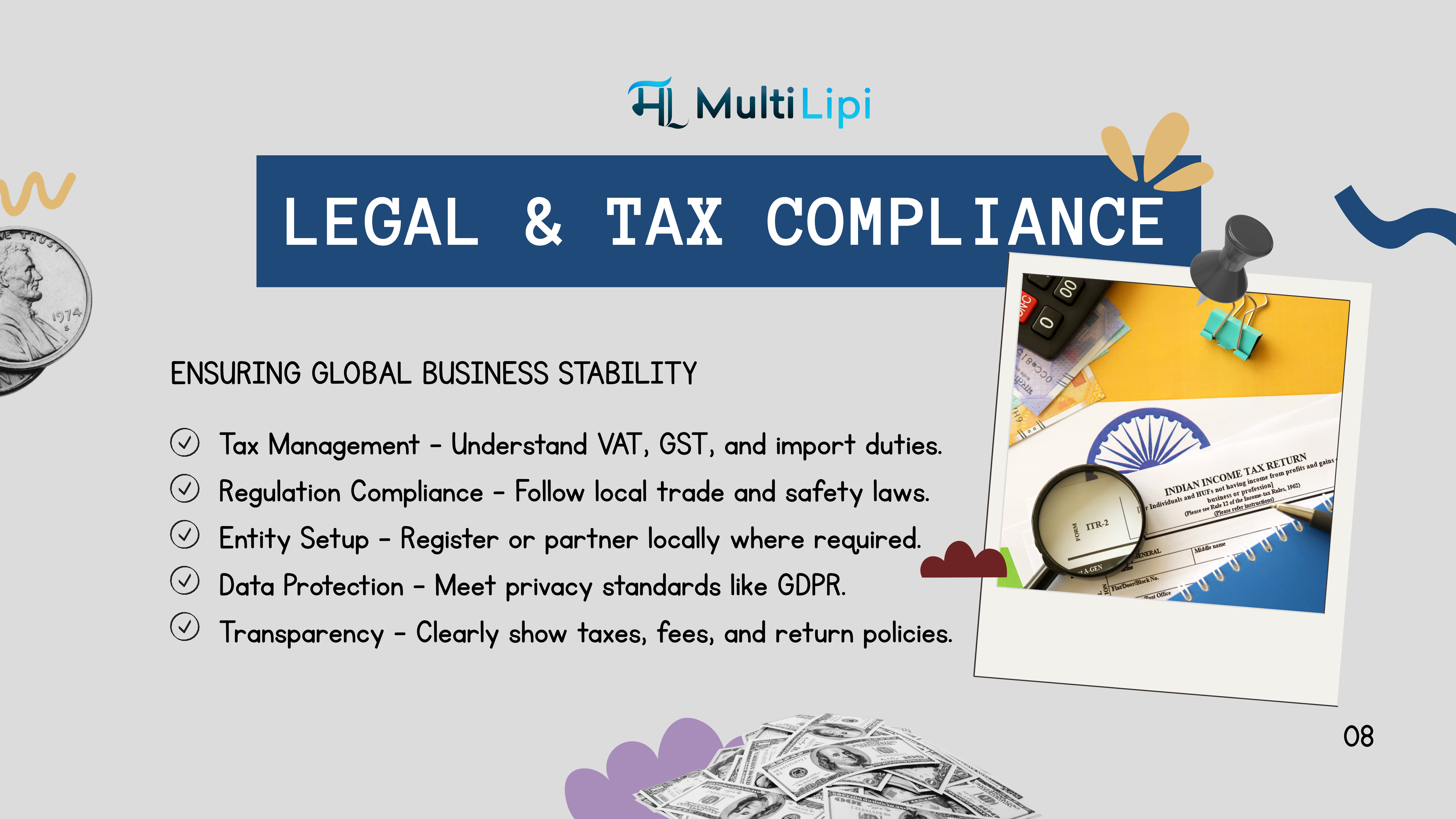 “MultiLipi compliance strategy for managing taxes, regulations, and data protection in global e-commerce”