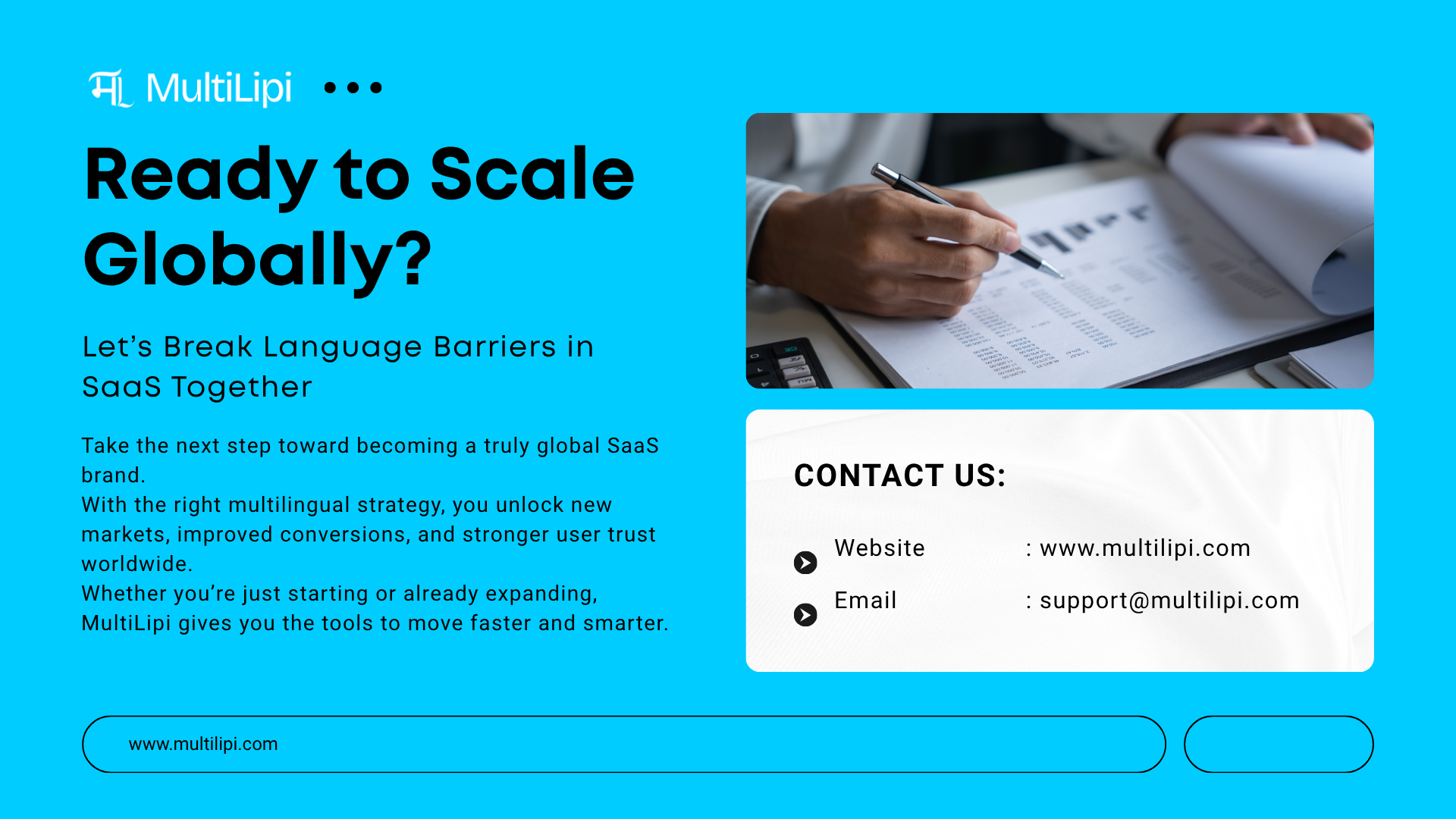 MultiLipi contact and support section illustration encouraging SaaS companies to join global expansion journey.