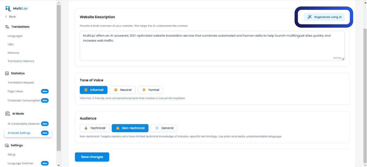 Inline-KI-Übersetzungsvorschlagspanel im virtuellen MultiLipi-Editor, das regenerierten mehrsprachigen SEO-Text mit Anwendungsfunktion anzeigt
