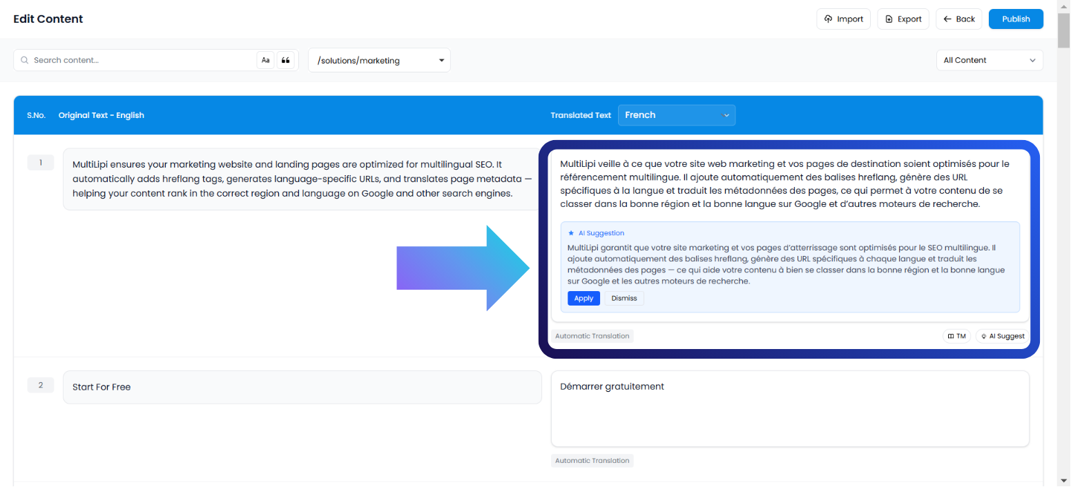 KI-gestützte Inhaltsvorschläge im Side-by-Side-Editor von MultiLipi für die mehrsprachige Website-Übersetzung mit den Optionen "Anwenden" und "Verwerfen"