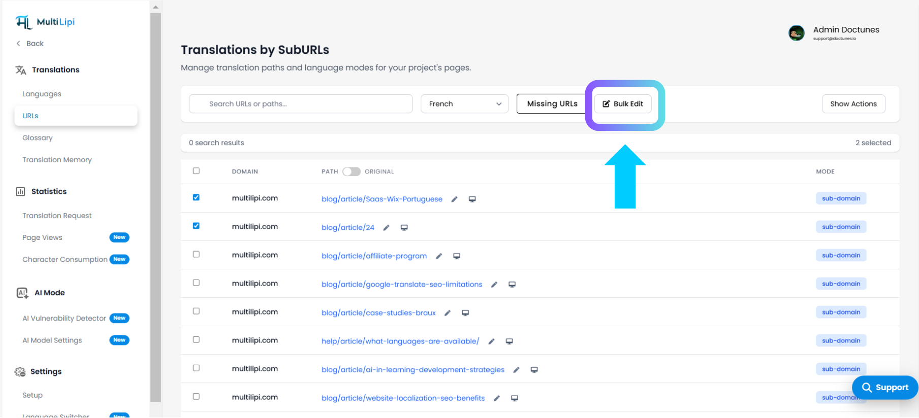 multilipi Bulk Edit Translated URL Slugs in dashboard