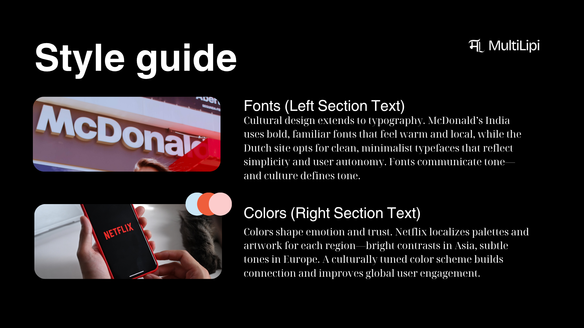 Typography and color palette samples representing how fonts and colors vary across cultures for localized web design