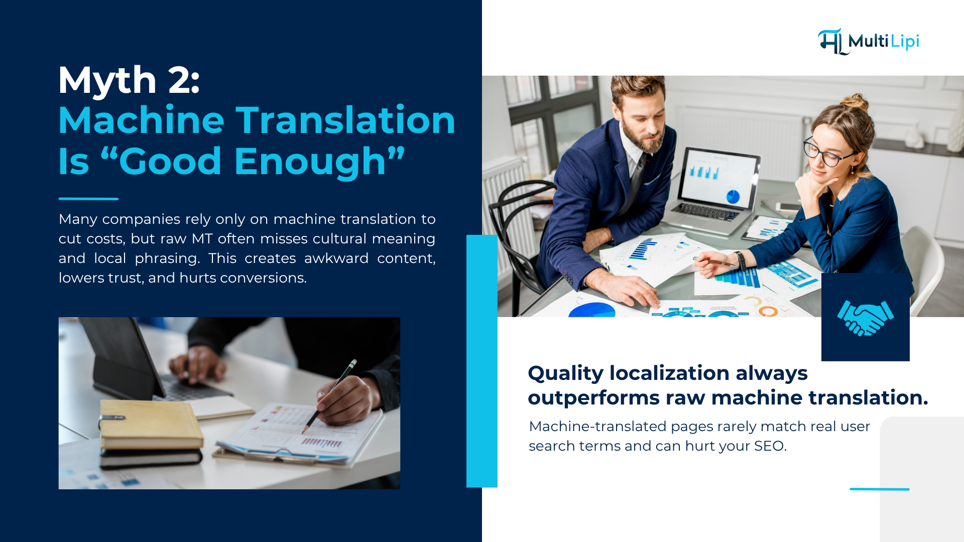 Myth 2 machine translation vs quality localization – MultiLipi highlighting why raw MT hurts SEO