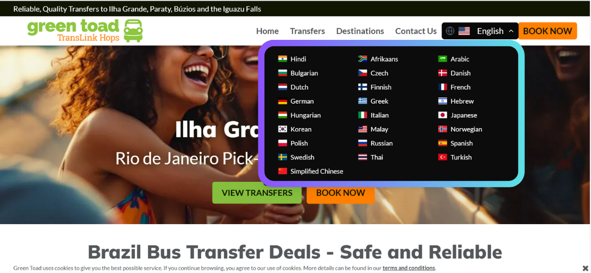 MultiLipi dashboard showing translated words and languages for Green Toad Bus