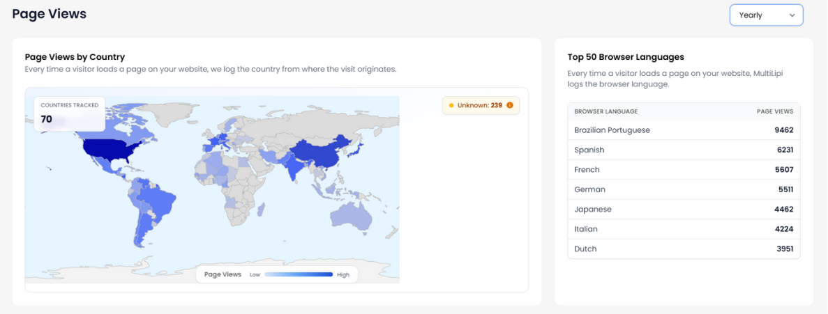 Global page views map for BrightHosting with MultiLipi multilingual traffic insights