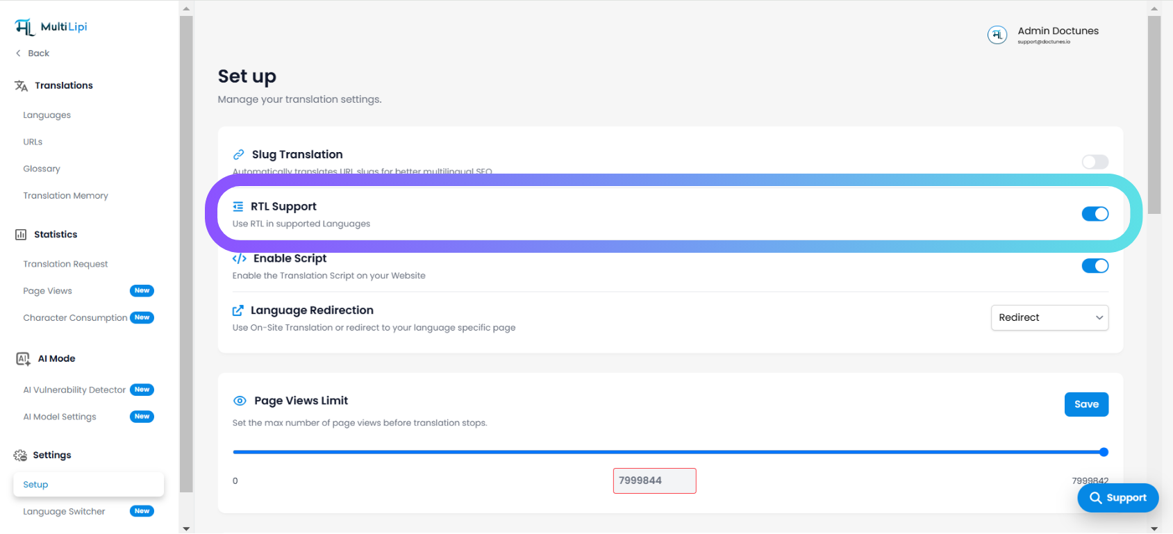 MultiLipi dashboard showing RTL support toggle under setup settings