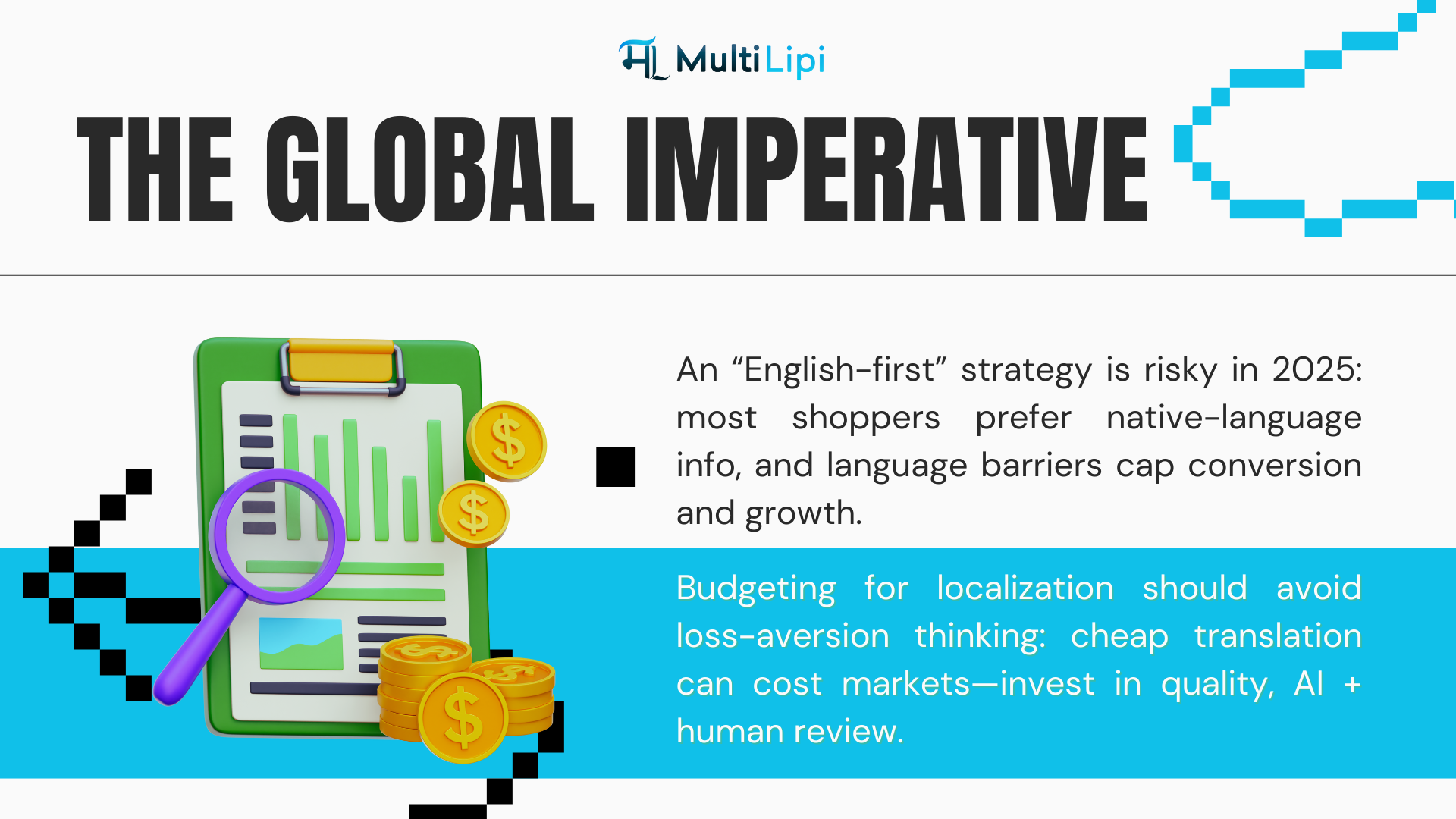 English-first strategy risks illustration with financial chart and coins symbolizing localization budgeting using AI and human review – MultiLipi