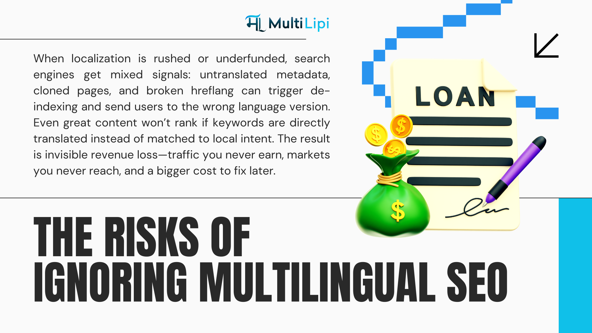Multilingual SEO risk visual showing search de-indexing and keyword mismatch due to bad localization – MultiLipi SEO translation tool