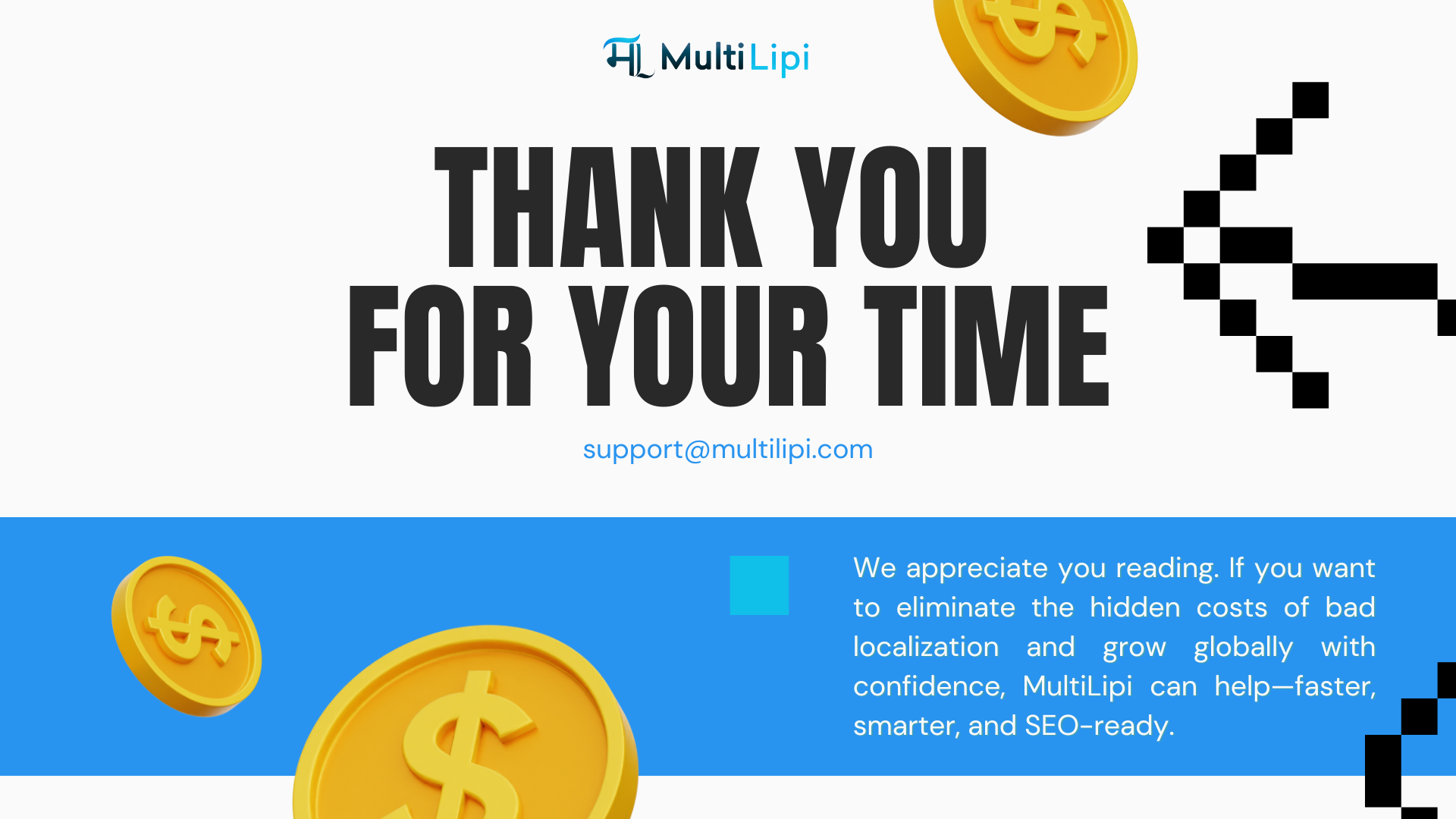 Thank you page with coins and MultiLipi logo inviting readers to reduce hidden localization costs and grow with AI-powered translation